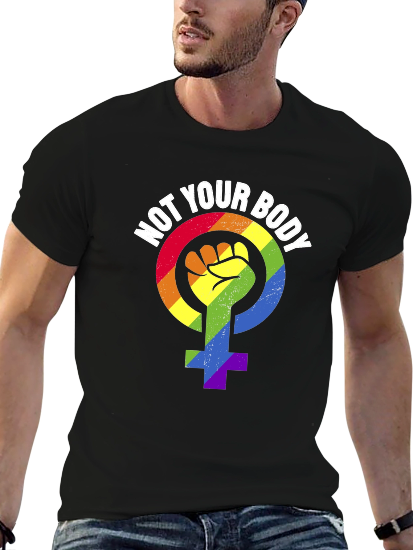 Black Not Your Body T-Shirt - Rainbow Feminist Symbol view 6