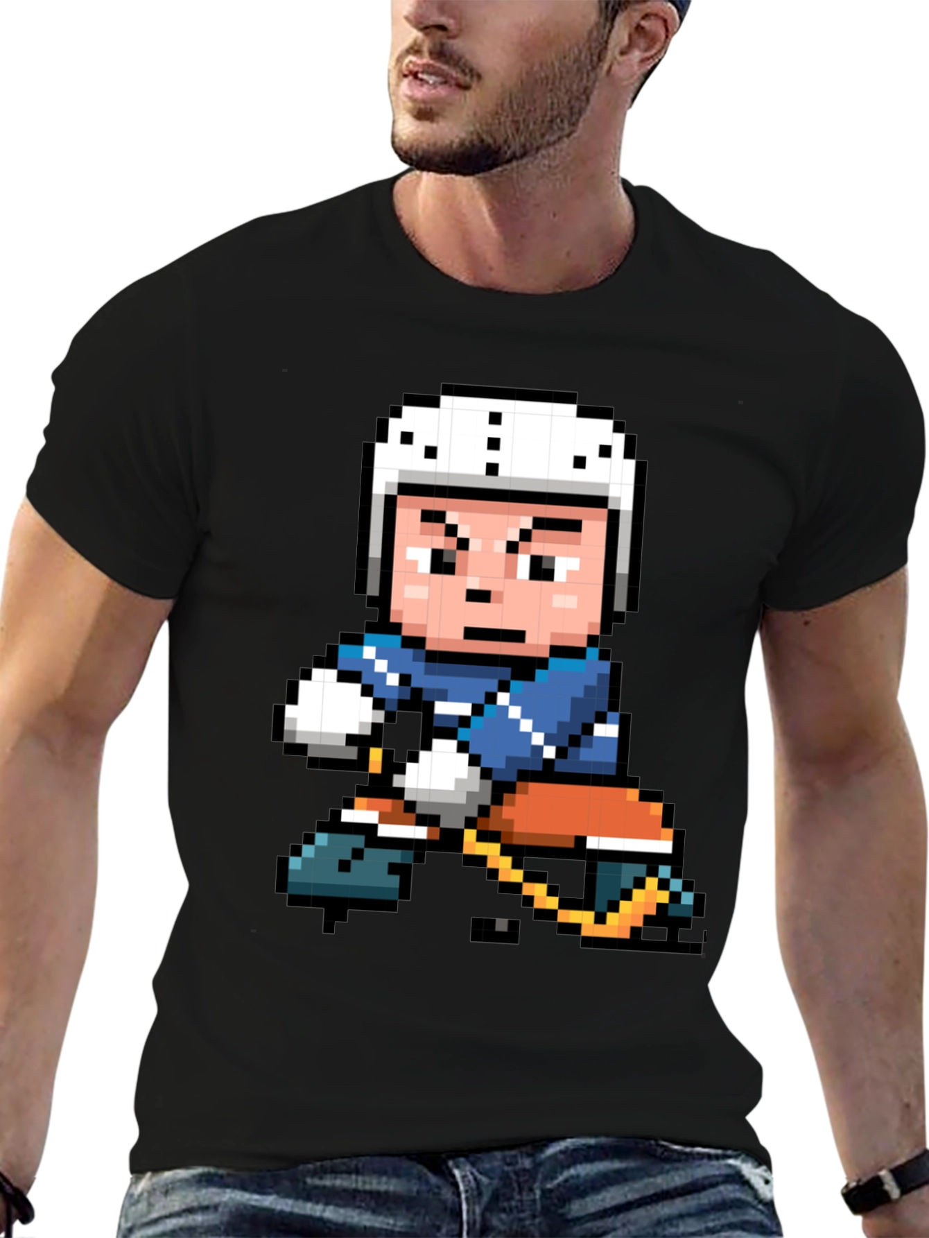 Black Retro Pixel Hockey Player Graphic T-Shirt view 6