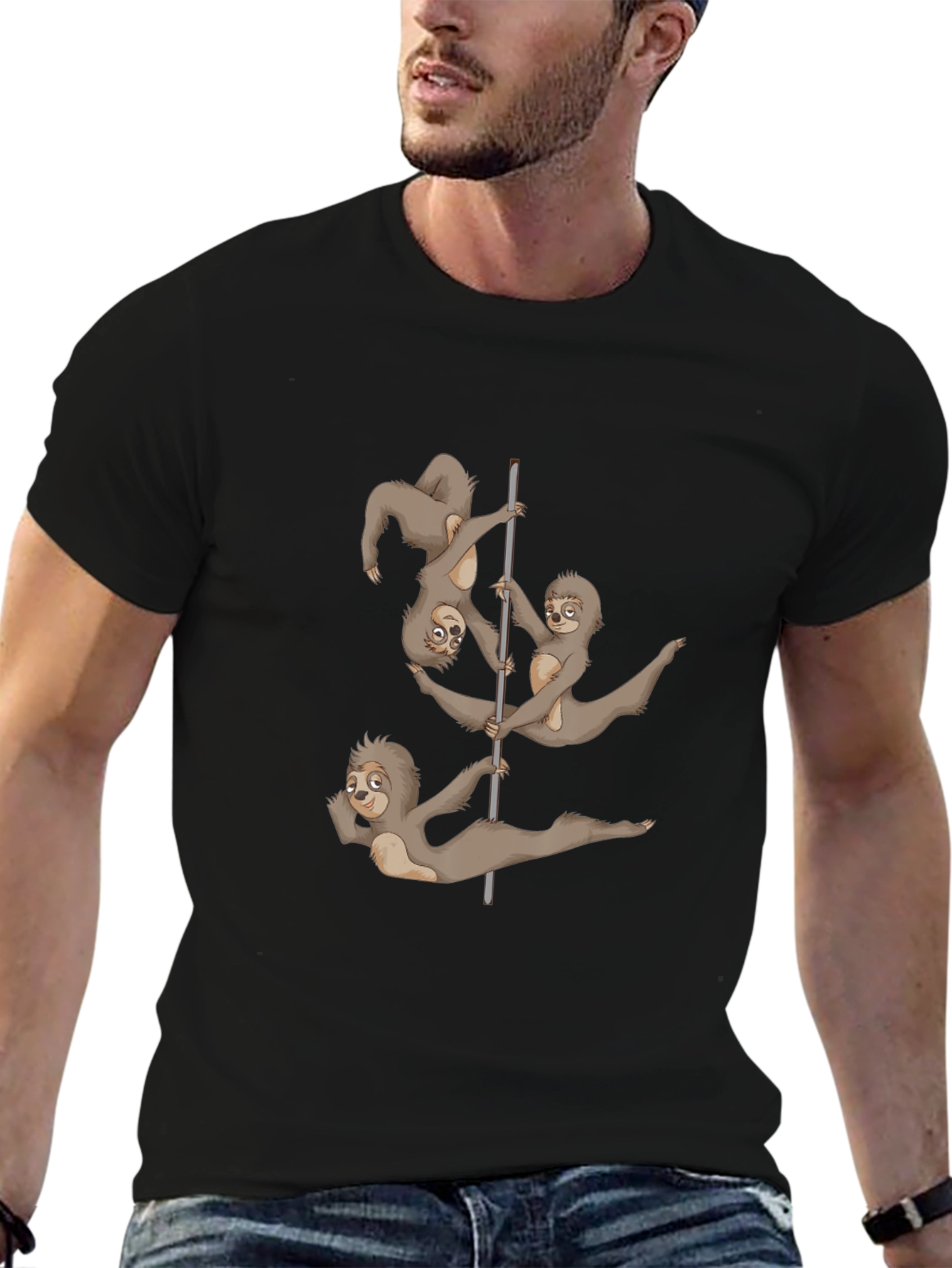 Black Funny Sloth Pole Dancing Black T-Shirt view 6