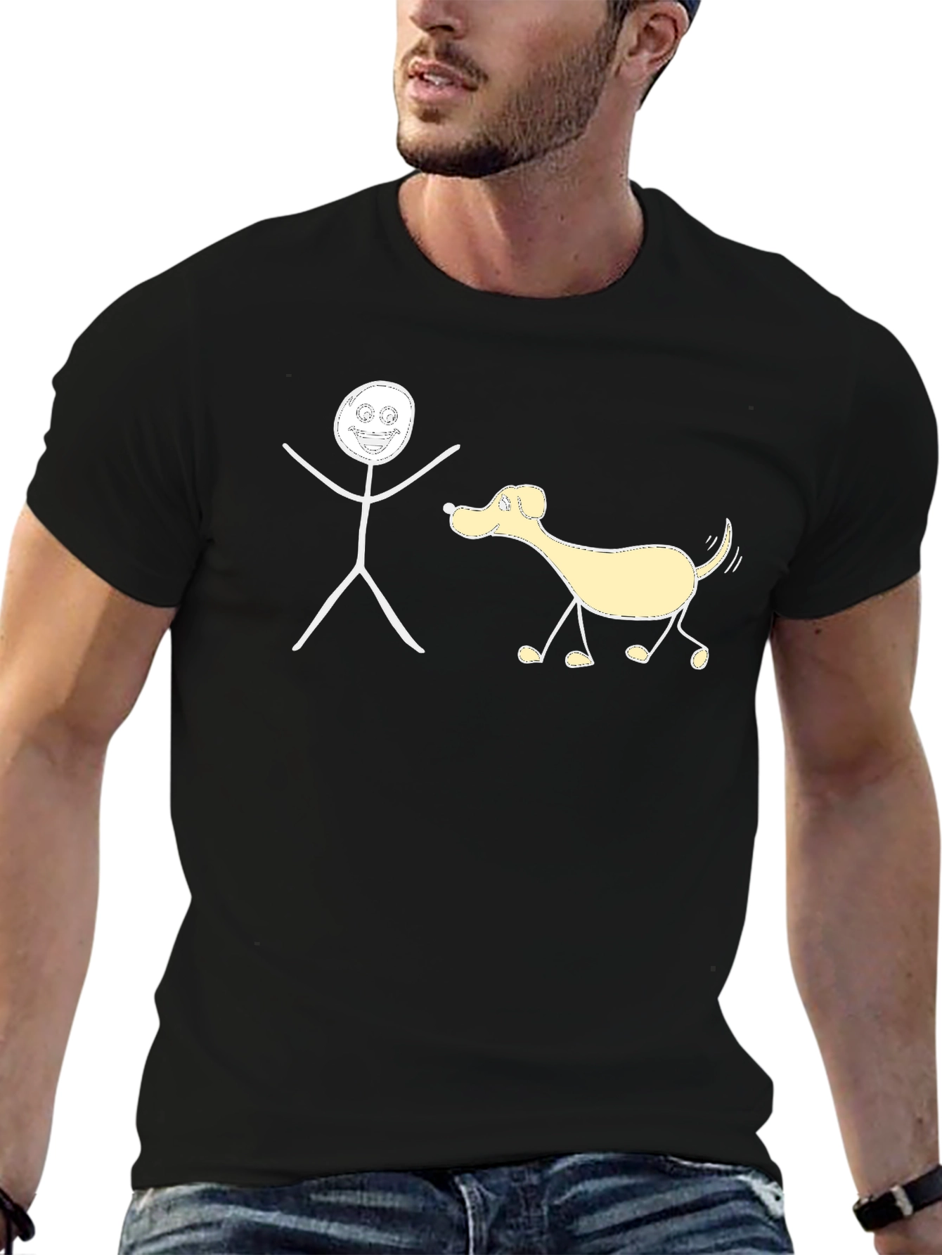 Black Funny Stick Figure Dog Walker T-Shirt view 6