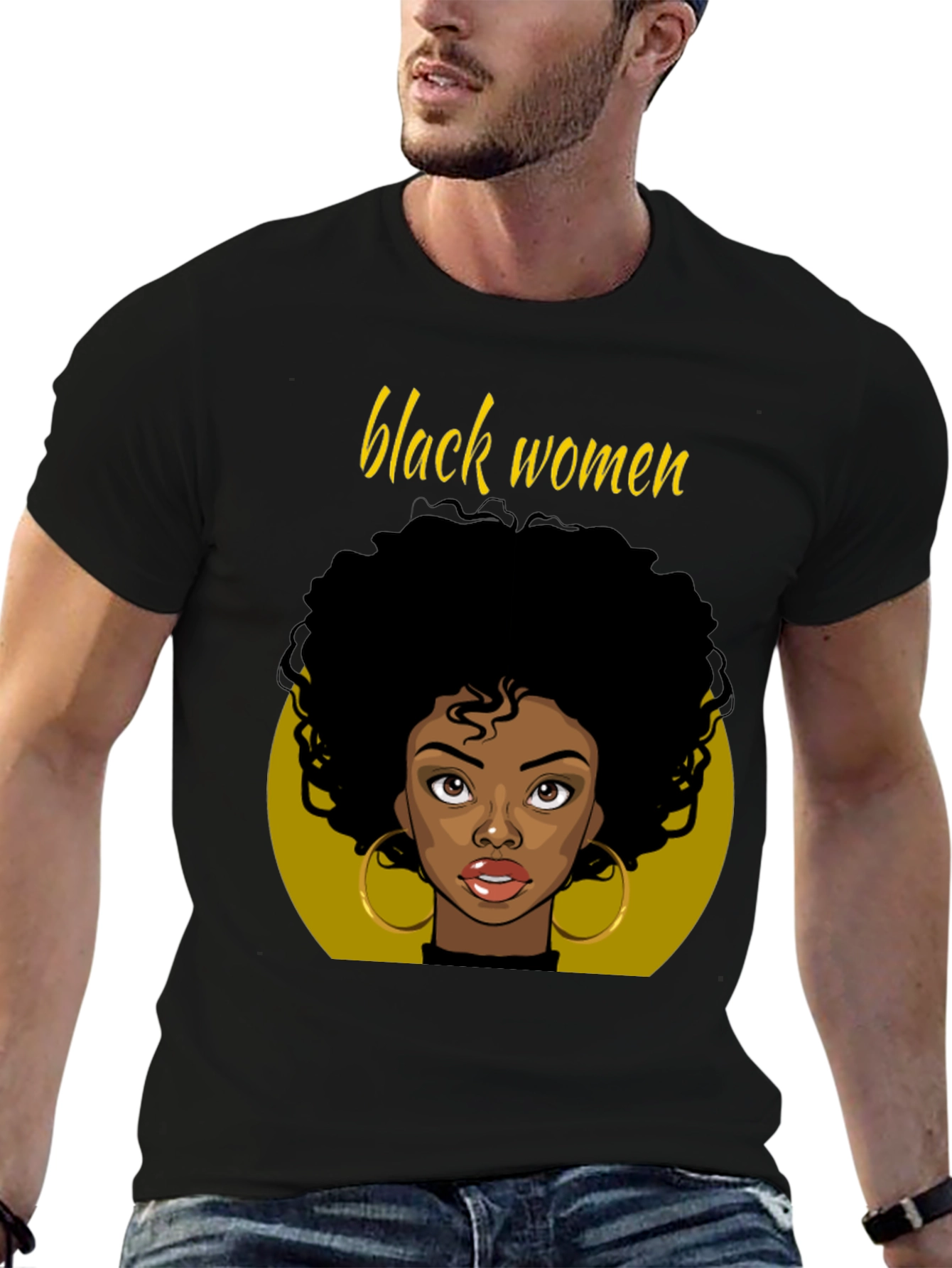 Black Black Women Graphic Tee - Afro Hair, Gold Earrings view 6