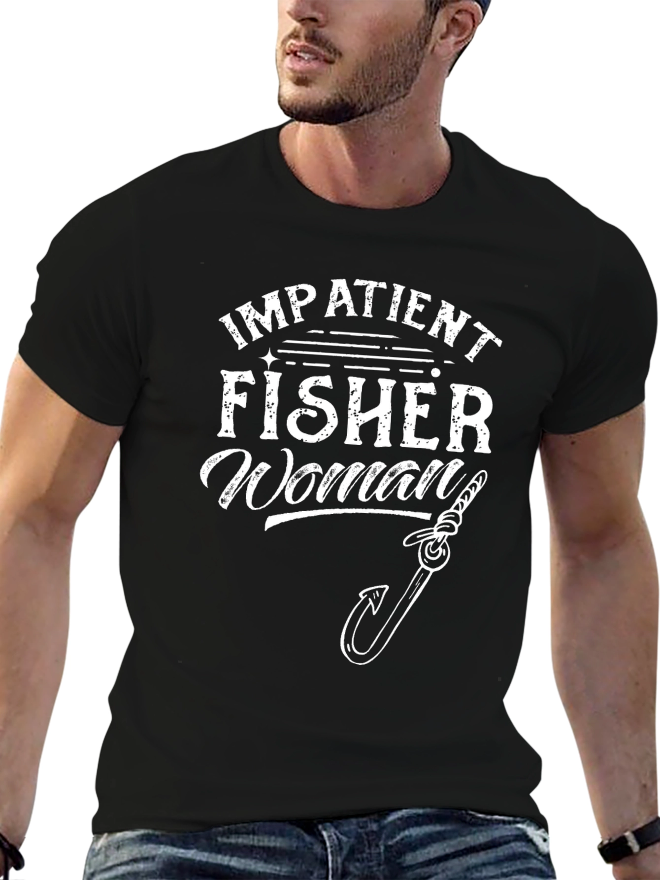 Black Impatient Fisher Woman Graphic T-Shirt view 6