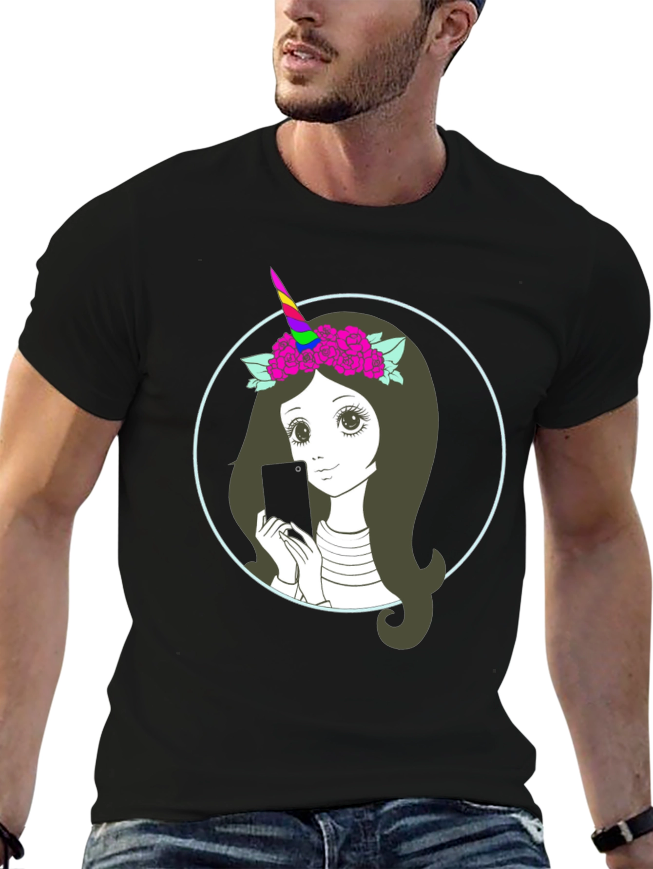 Black Unicorn Girl Graphic Tee - Black Cotton Blend view 6