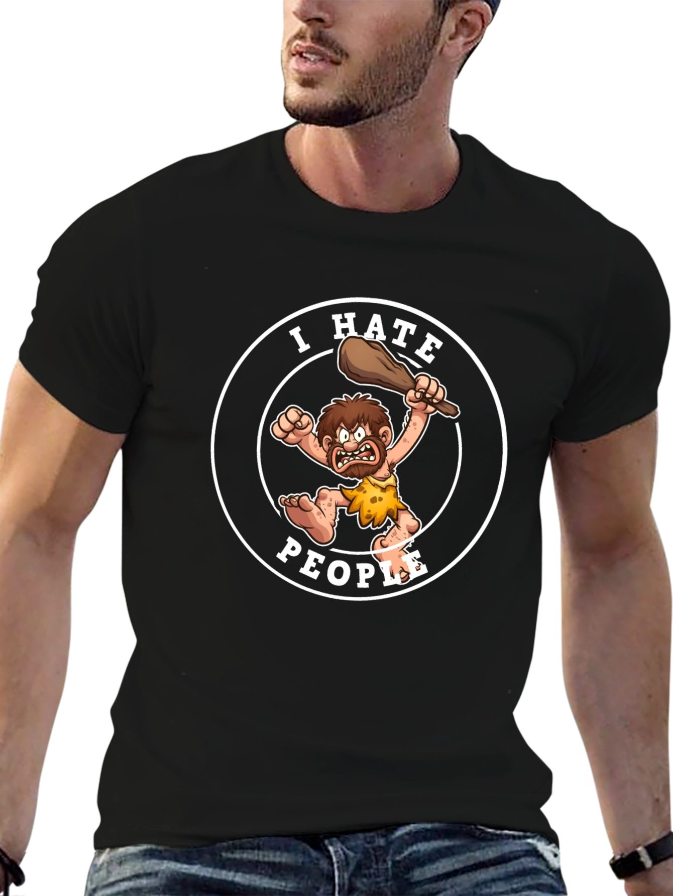 Black I Hate People Caveman Graphic T-Shirt view 6