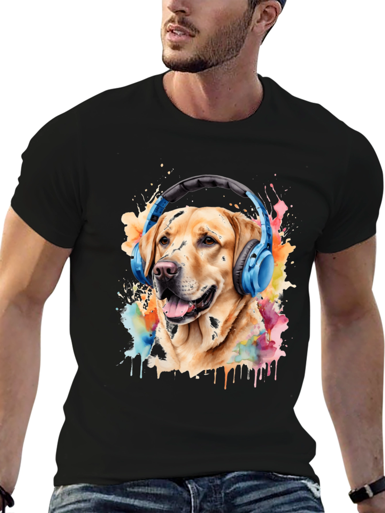 Black Dog with Headphones Graphic Tee - Men's Black T-Shirt view 6