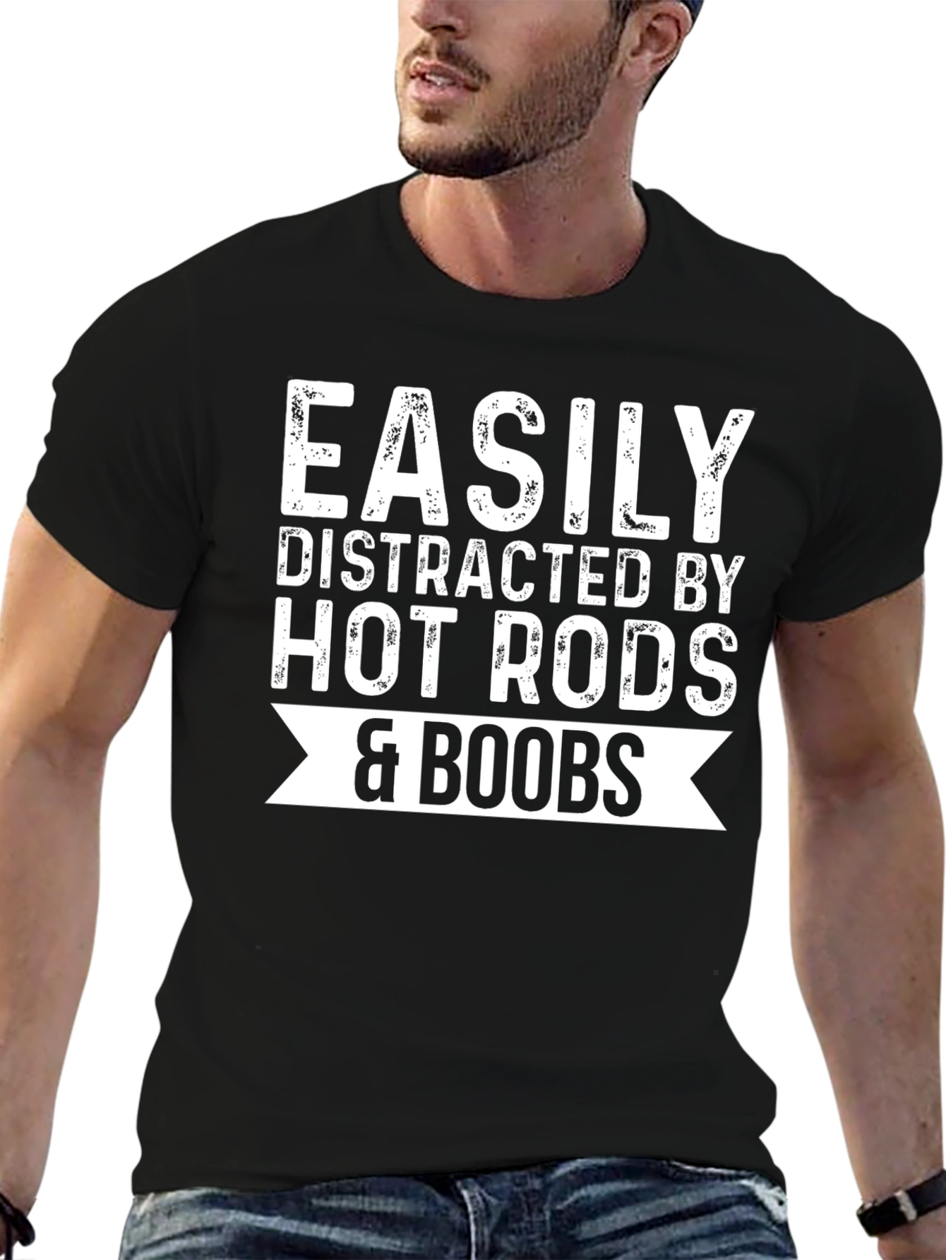 Black Easily Distracted Hot Rods & Boobs Graphic T-Shirt view 6