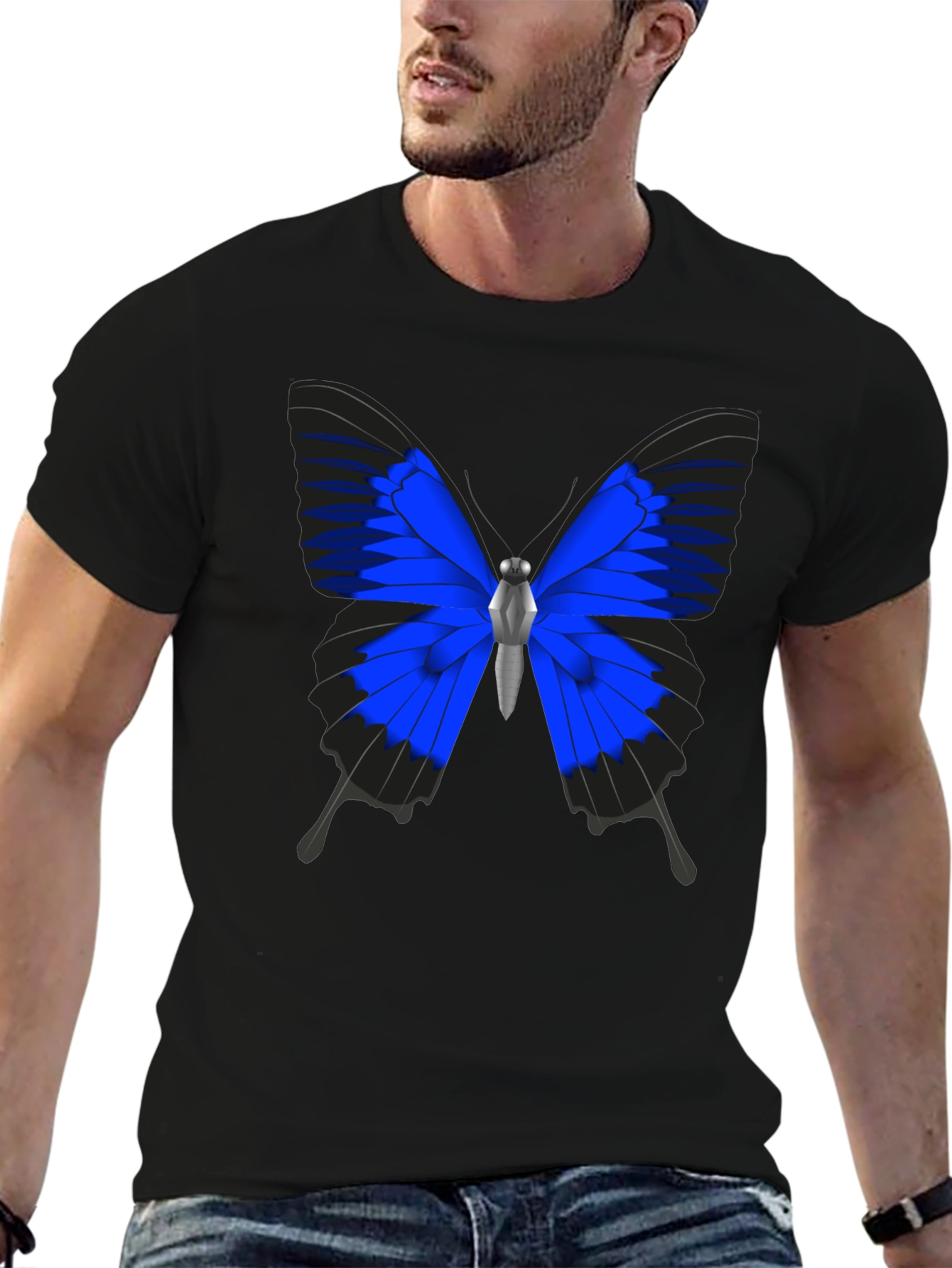 Black Blue Butterfly Graphic Black T-Shirt view 6
