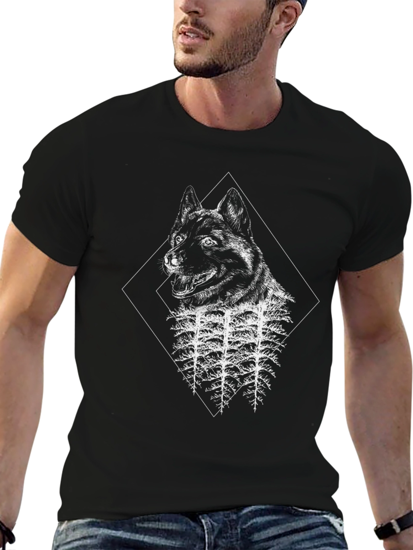 Black Wolf & Forest Graphic Black T-Shirt view 6