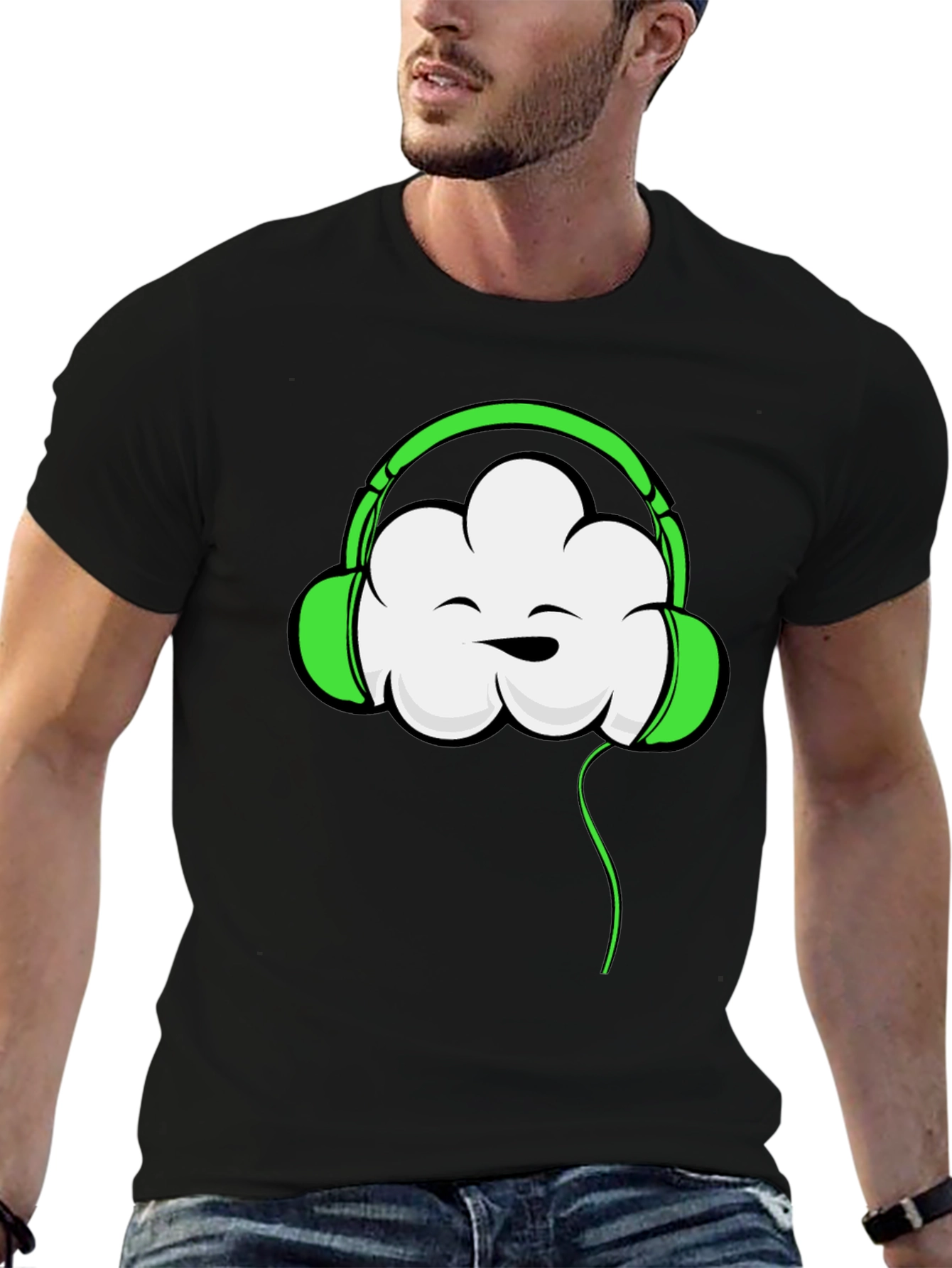 Black Funky Cloud Headphones Graphic T-Shirt view 6