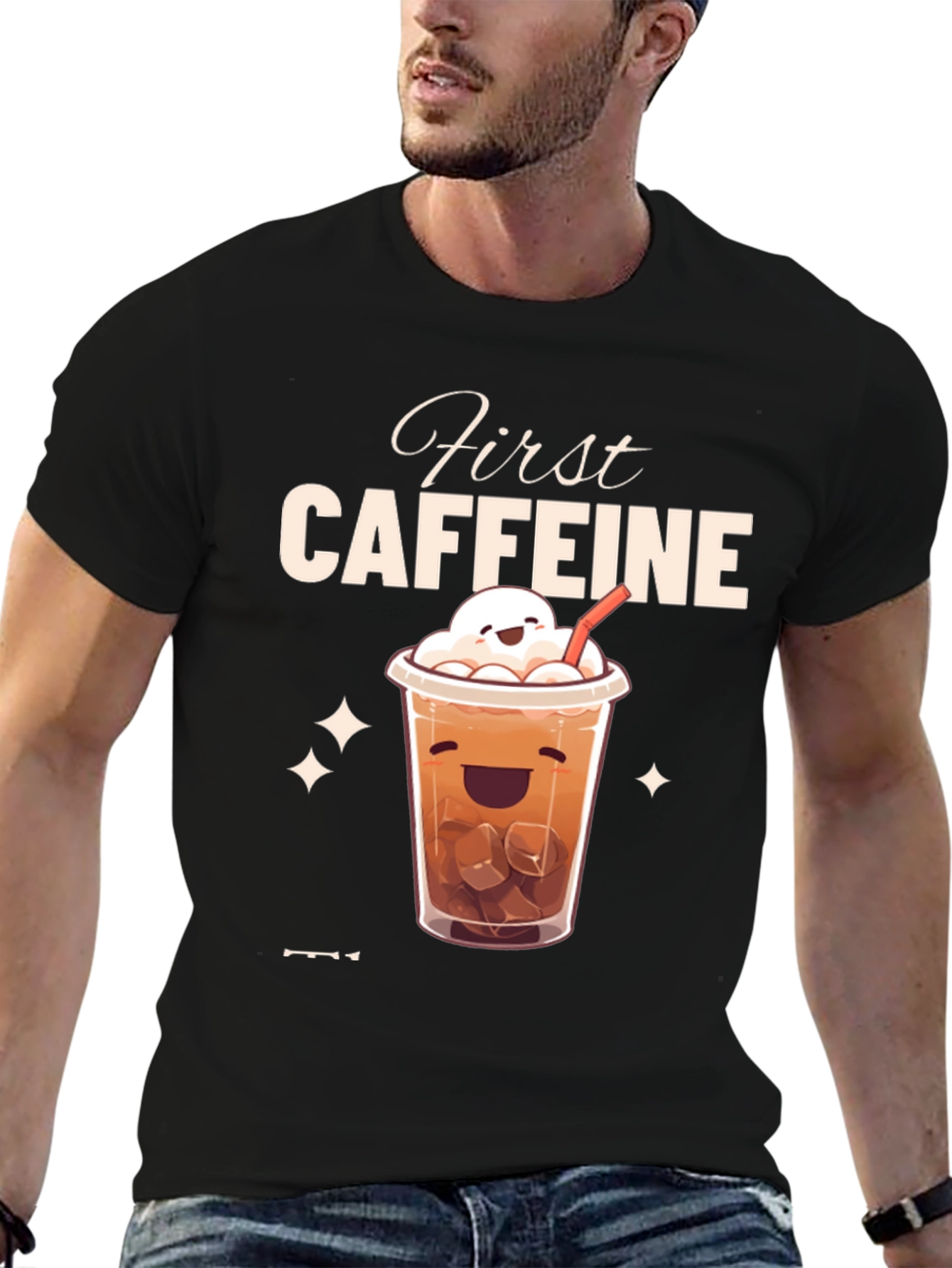 Black First Caffeine Kawaii Iced Coffee T-Shirt view 6