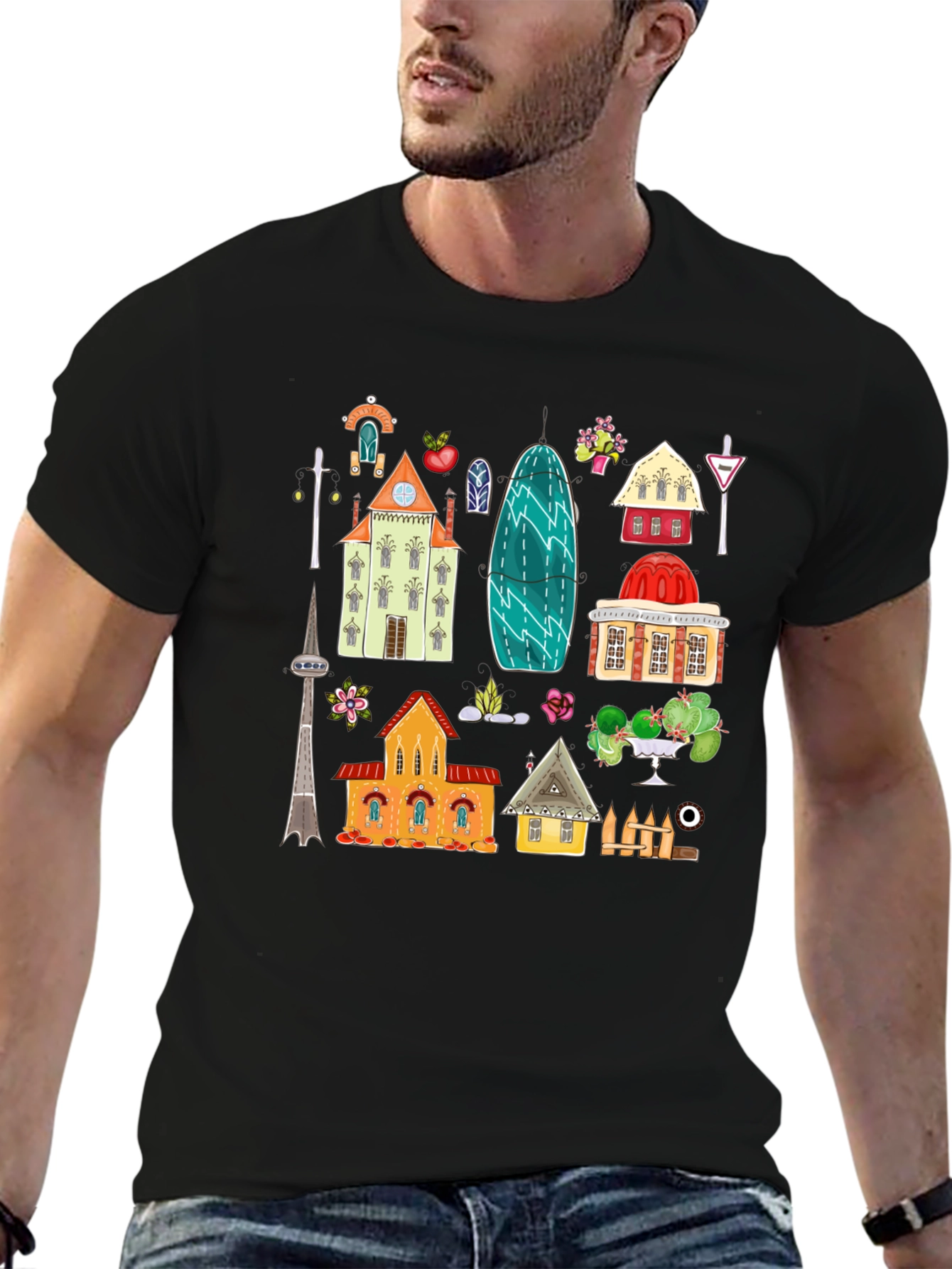 Black Cute Buildings Graphic Black T-Shirt view 6
