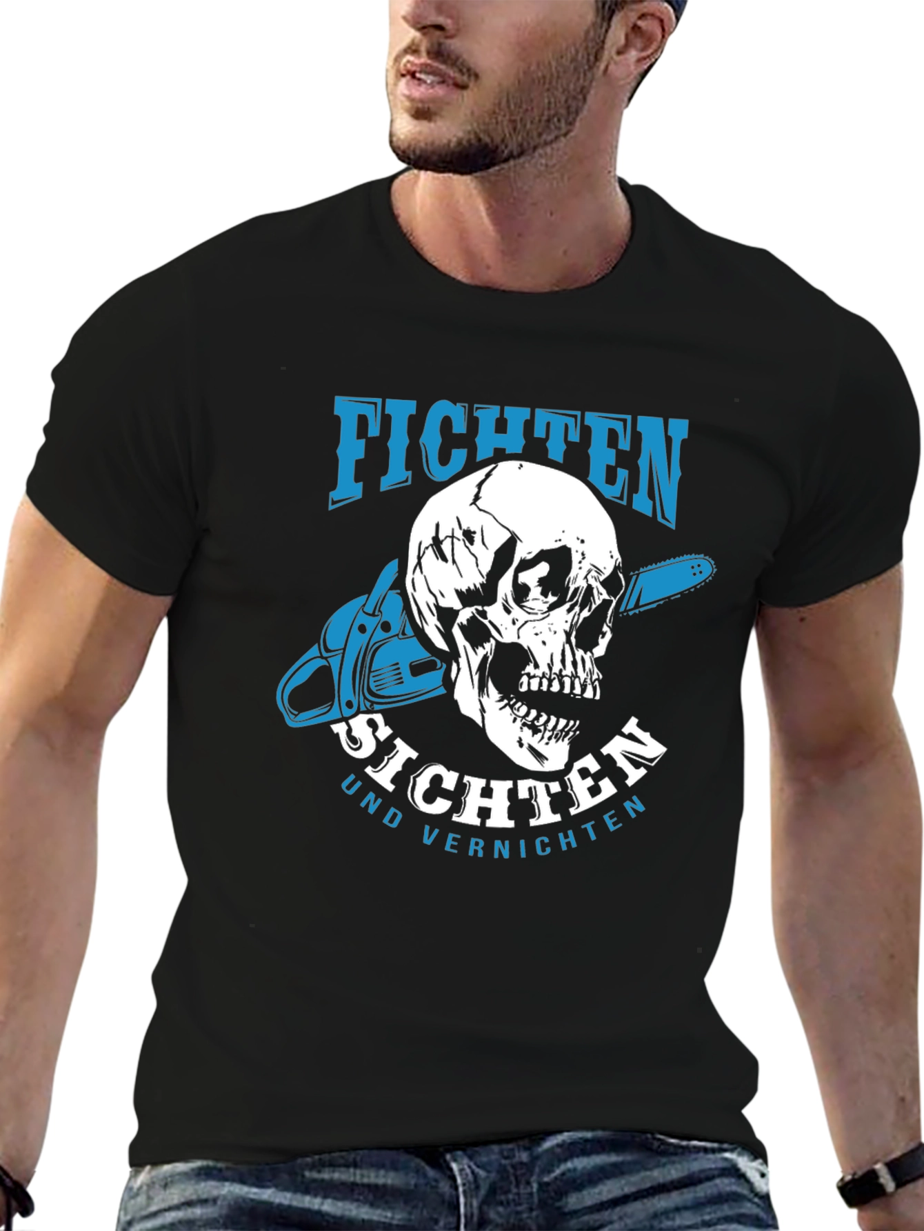 Black Fichten T-Shirt - Skull & Chainsaw Design view 6