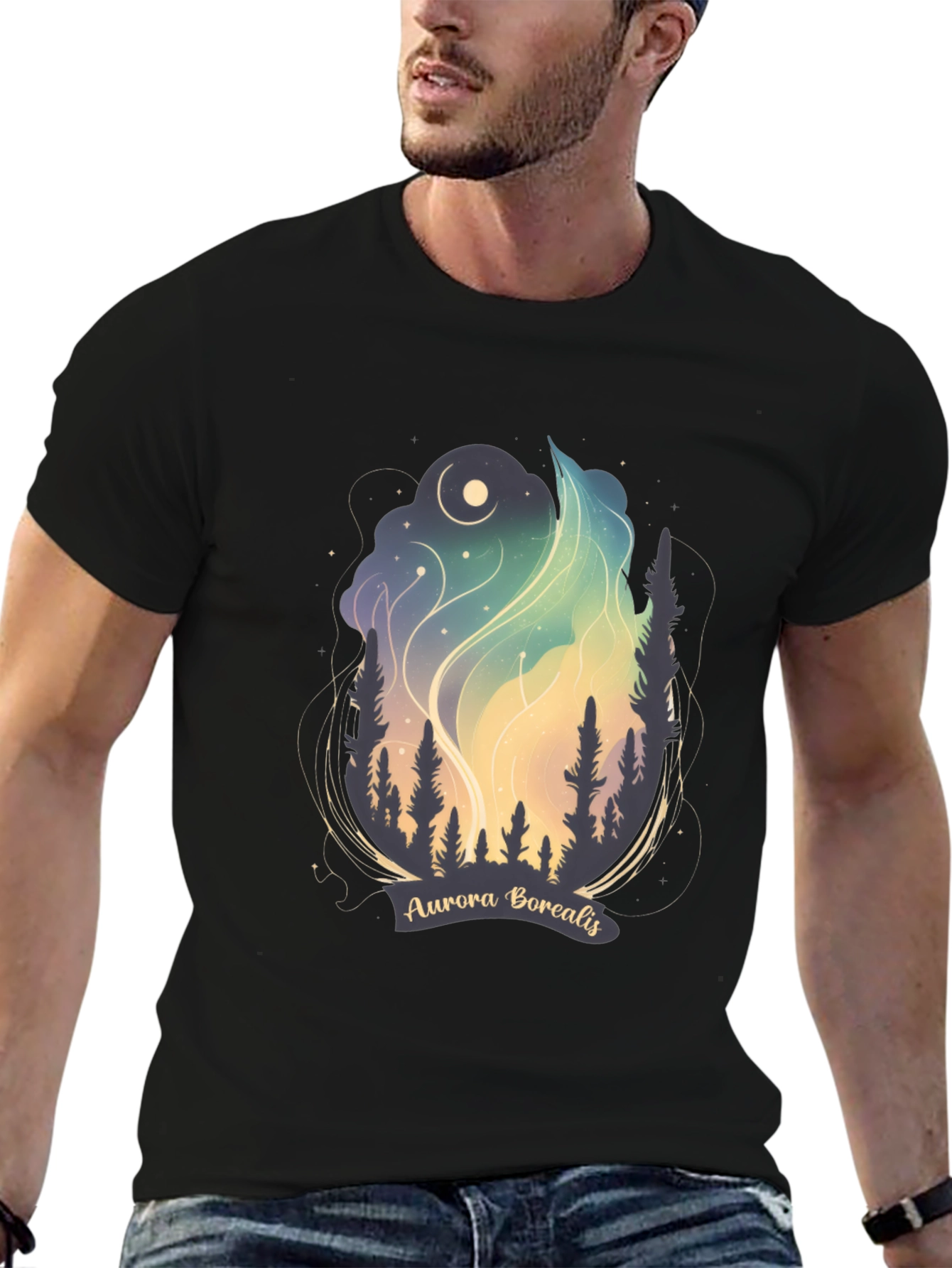 Black Aurora Borealis Graphic Tee - Night Sky T-Shirt view 6