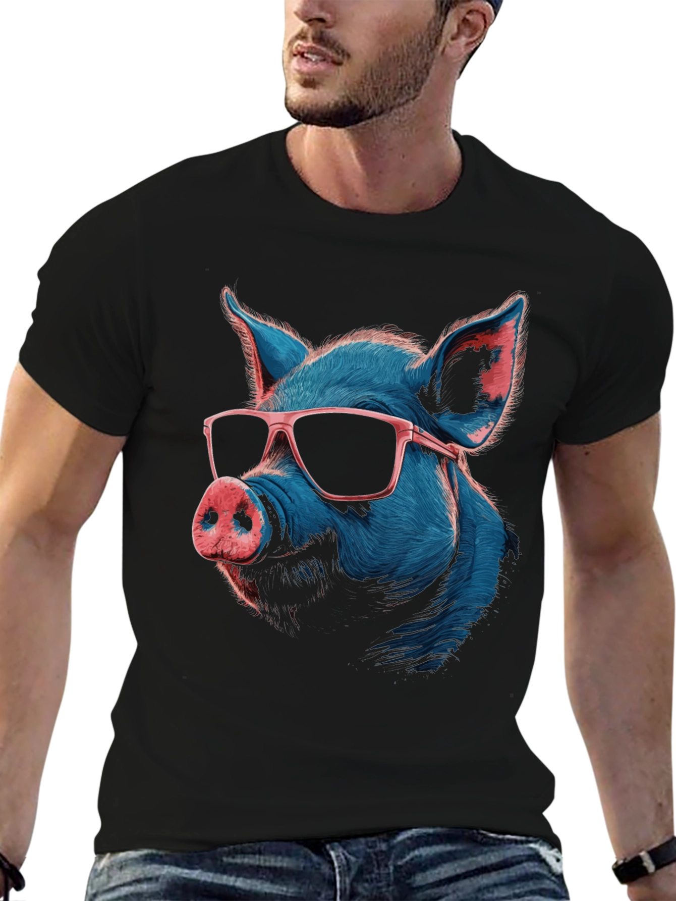 Black Cool Pig Graphic T-Shirt - Quirky Men's Tee view 6