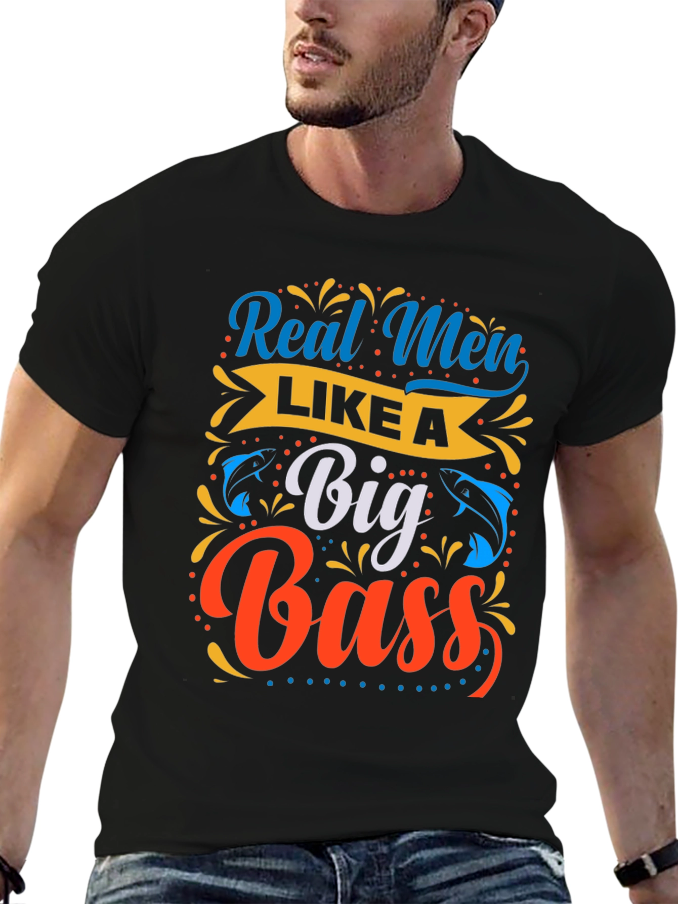Black Real Men Like a Big Bass Fishing T-Shirt view 6