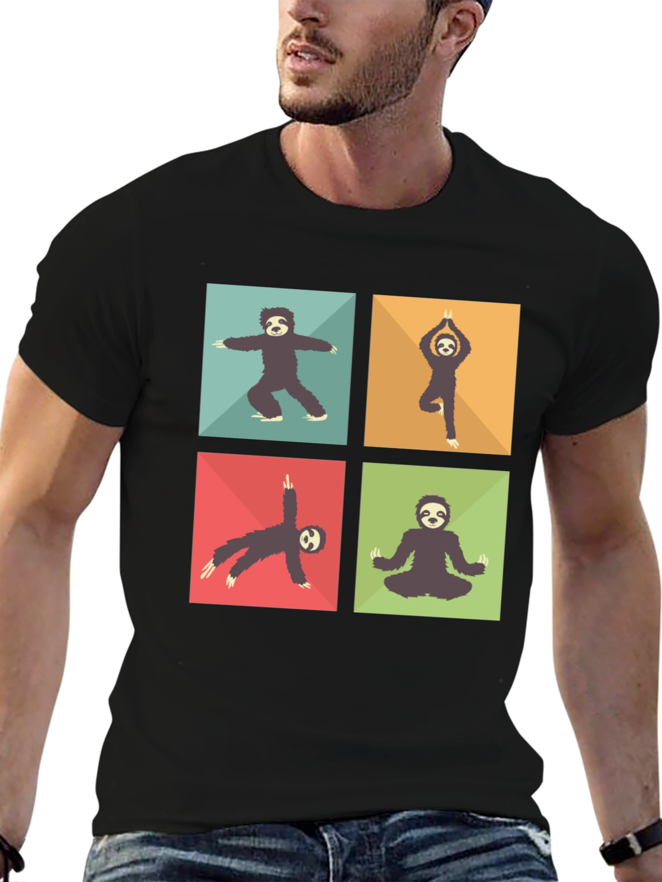 Black Sloth Yoga Poses T-Shirt Black Cotton Blend view 6