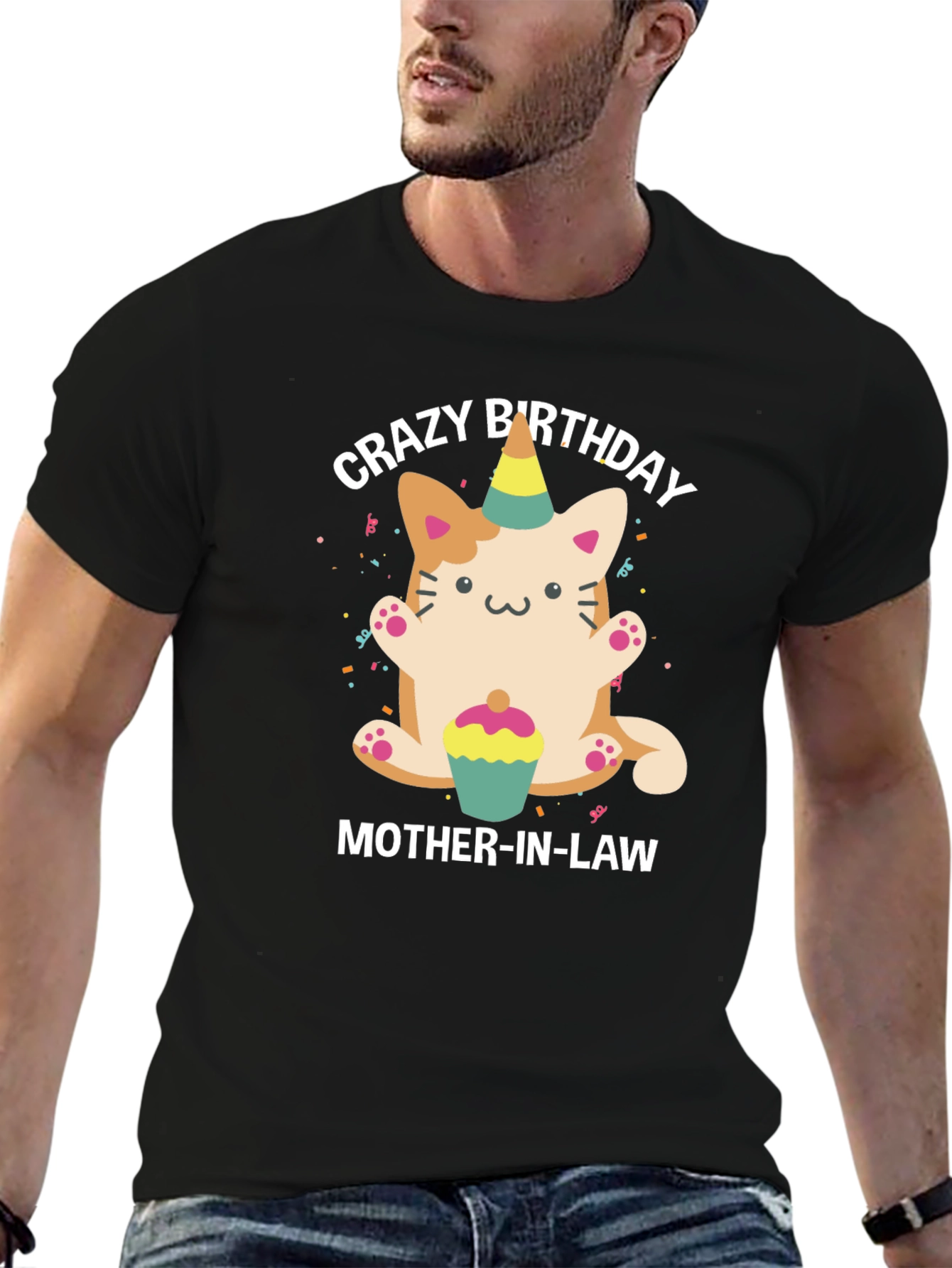 Black Crazy Birthday Mother-In-Law Cat T-Shirt view 6