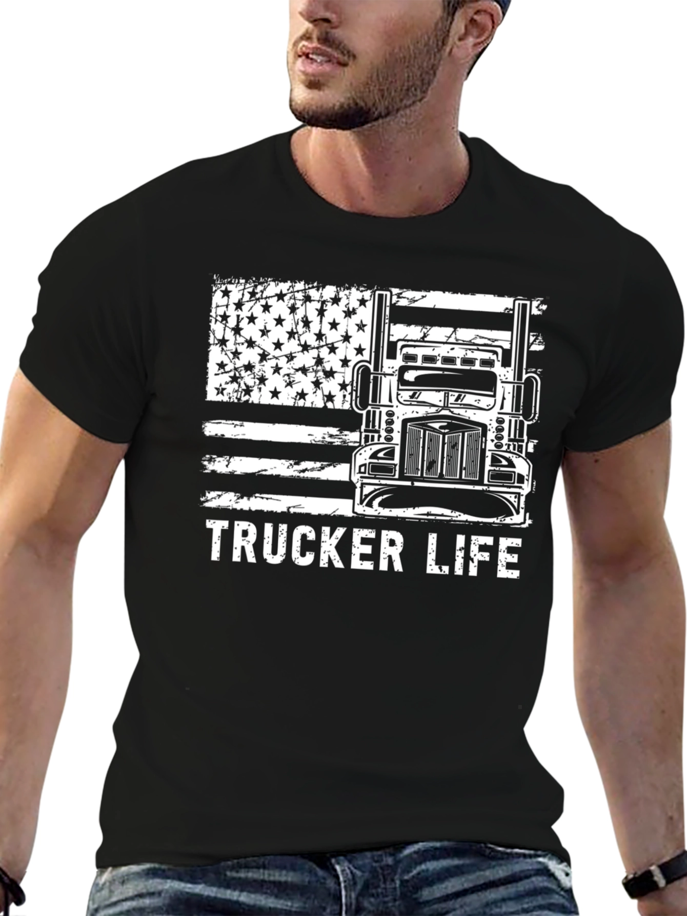Black Trucker Life American Flag Graphic Tee view 6
