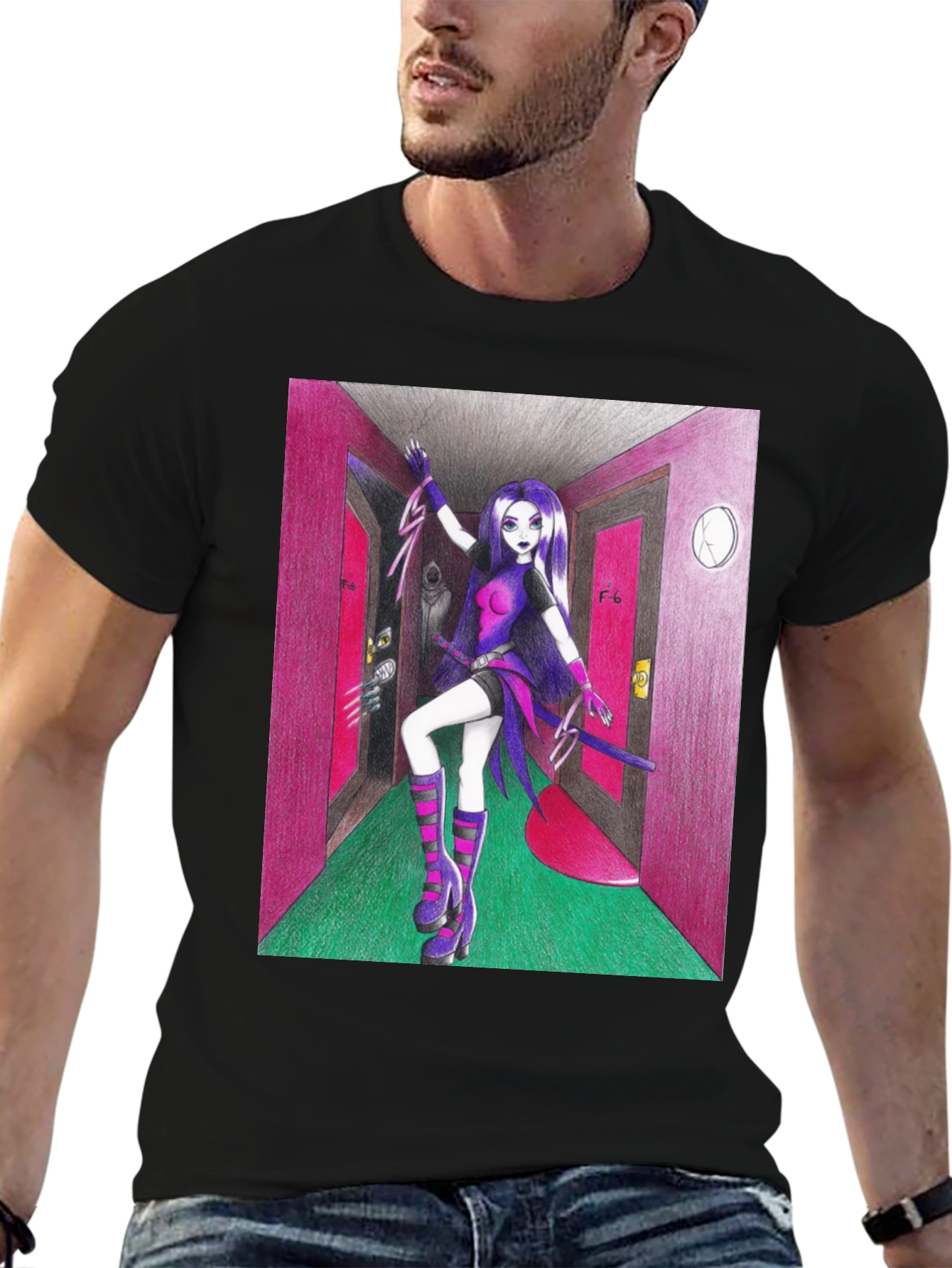 Black Anime Girl in Hallway Graphic Tee view 6