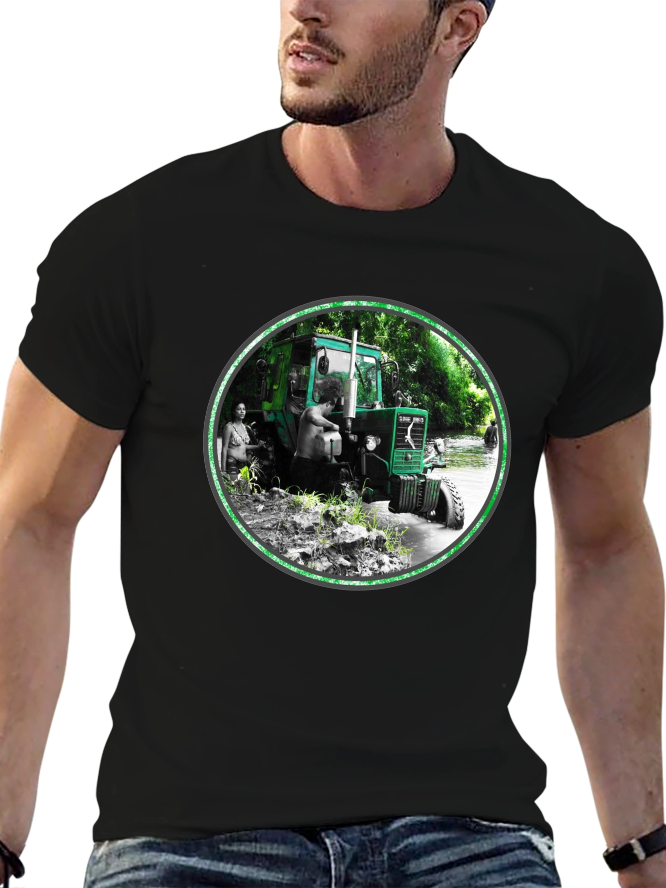 Black Tractor Scene Graphic Tee - Men's Black T-Shirt view 6