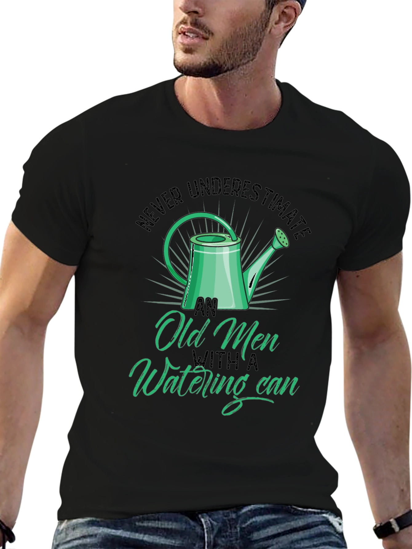 Black Old Men Watering Can T-Shirt - Funny Gardening Tee view 6