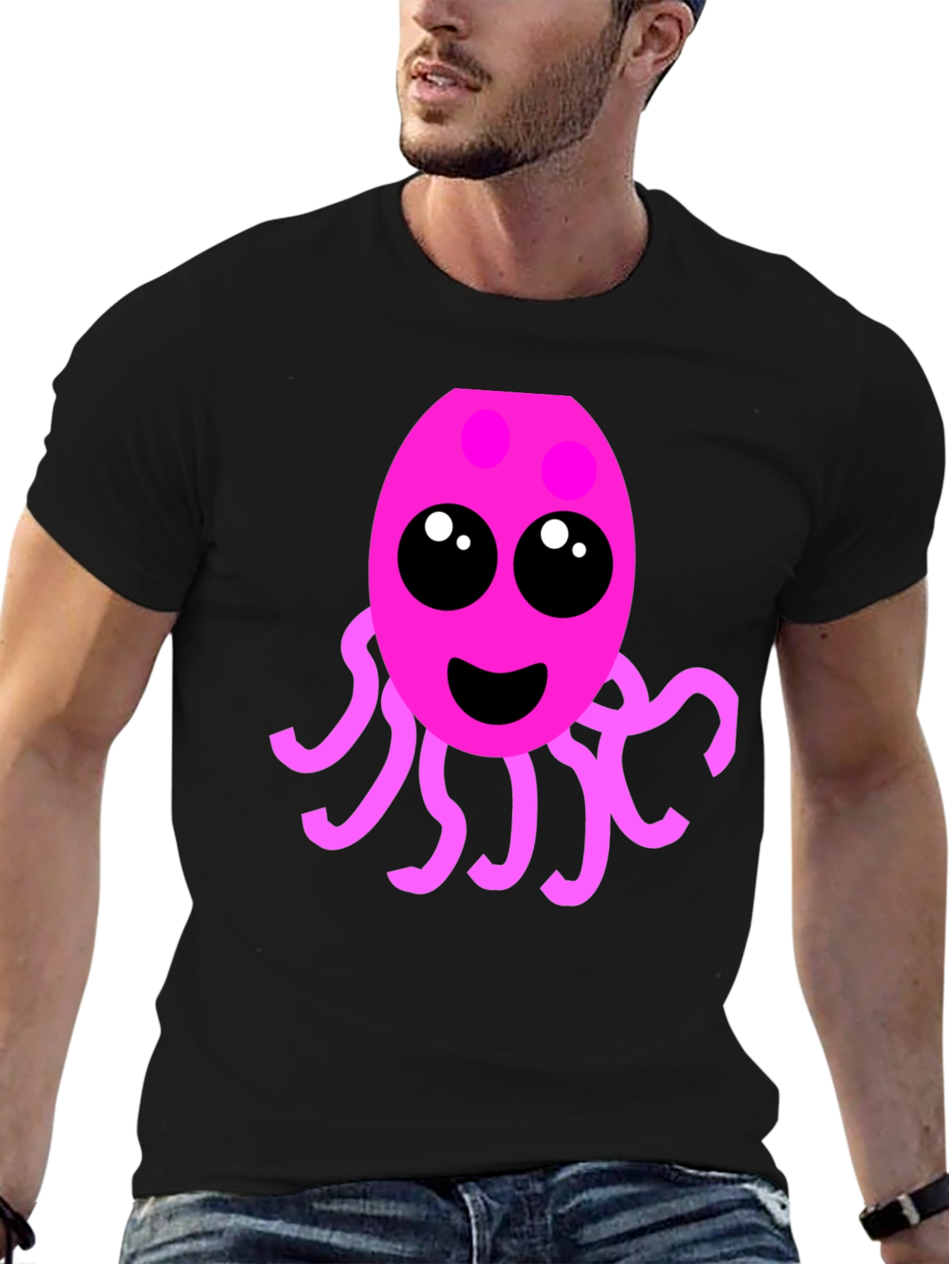 Black Cute Pink Octopus Graphic Tee - Men's Black T-Shirt view 6