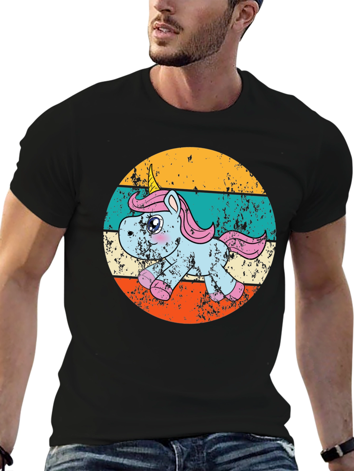 Black Retro Unicorn Graphic T-Shirt view 6