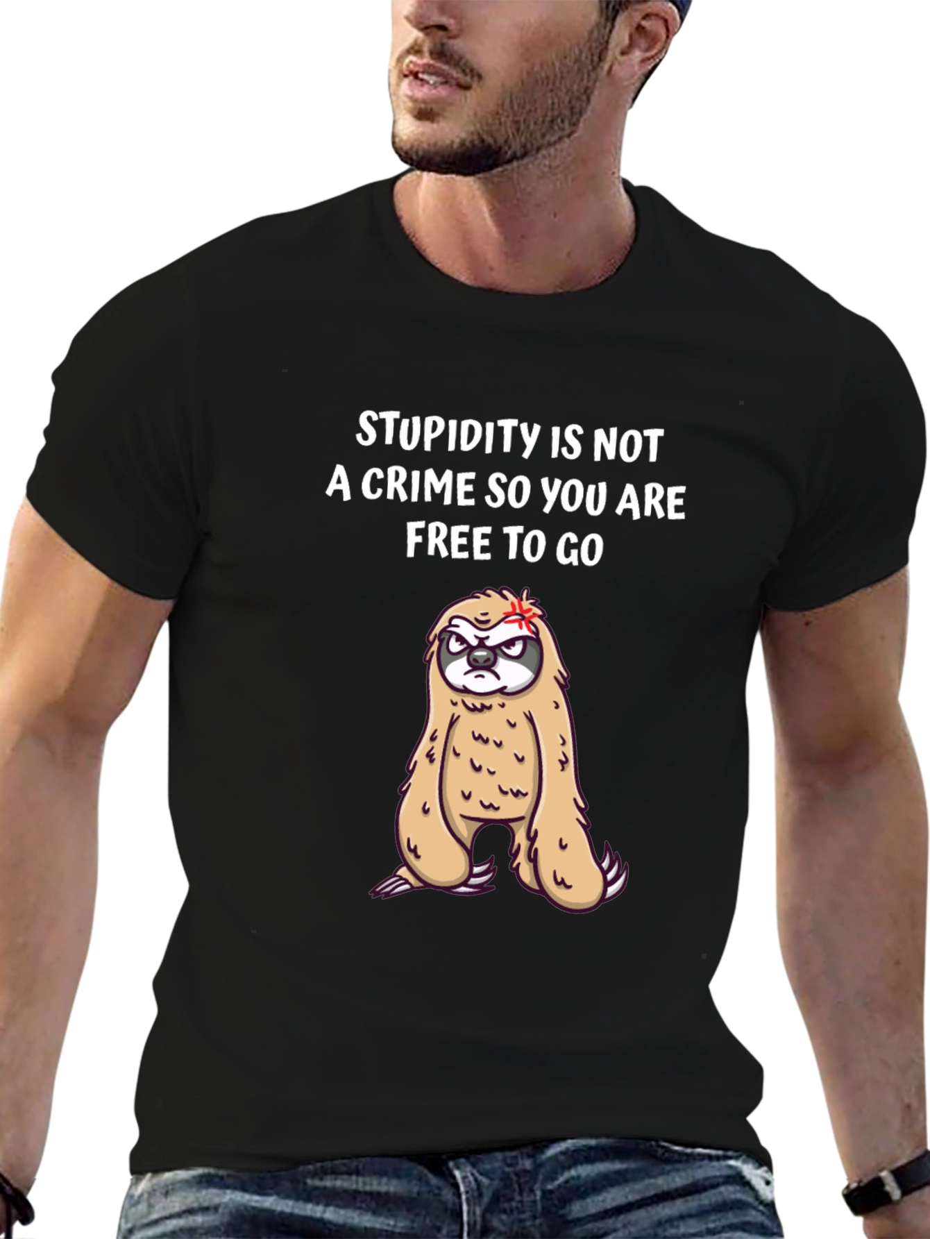 Black Funny Sloth T-Shirt: Stupidity Is Not A Crime Tee view 6