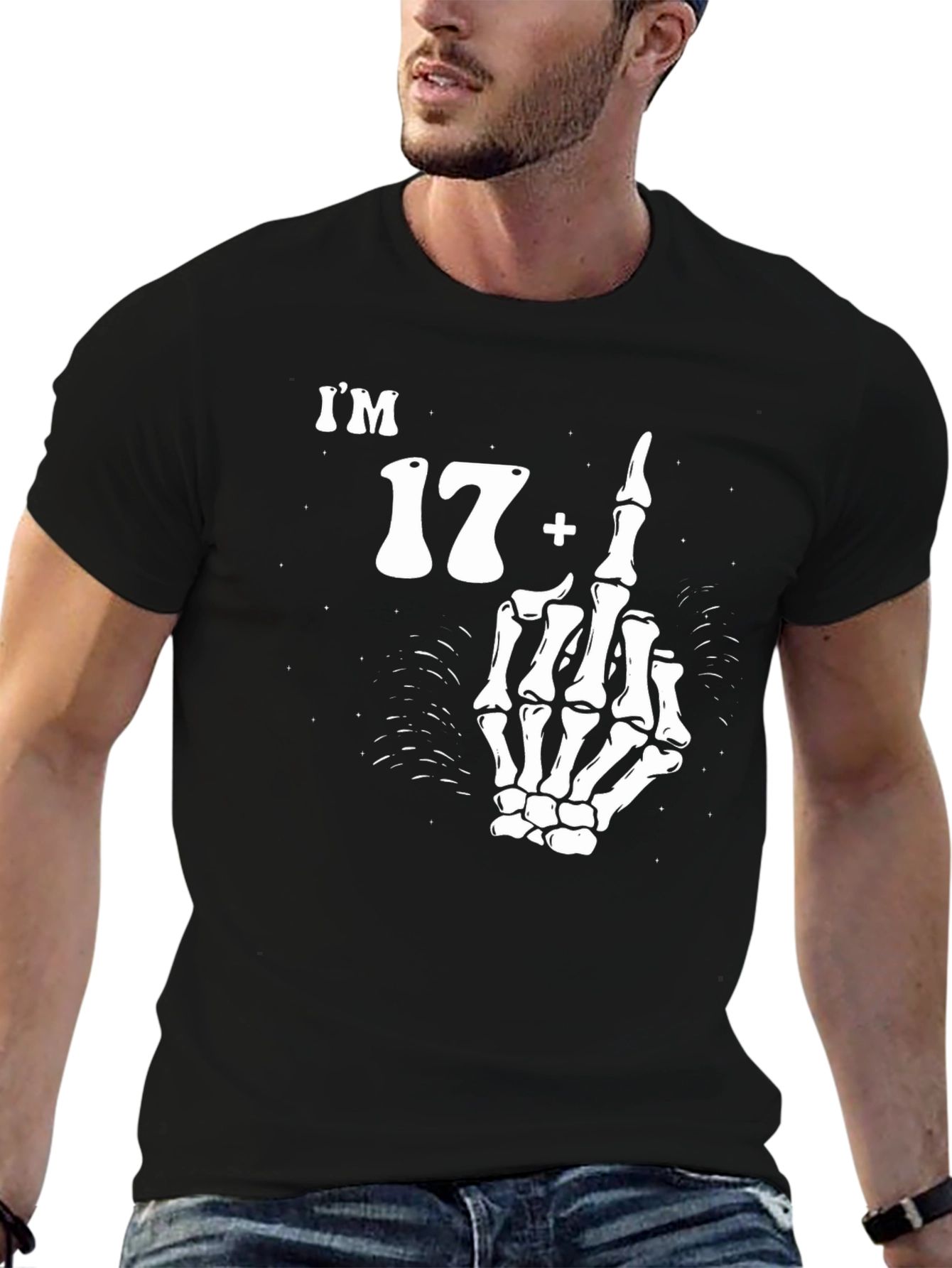 Black I'm 17 Plus 1 T-Shirt with Skeleton Middle Finger Graphic view 6