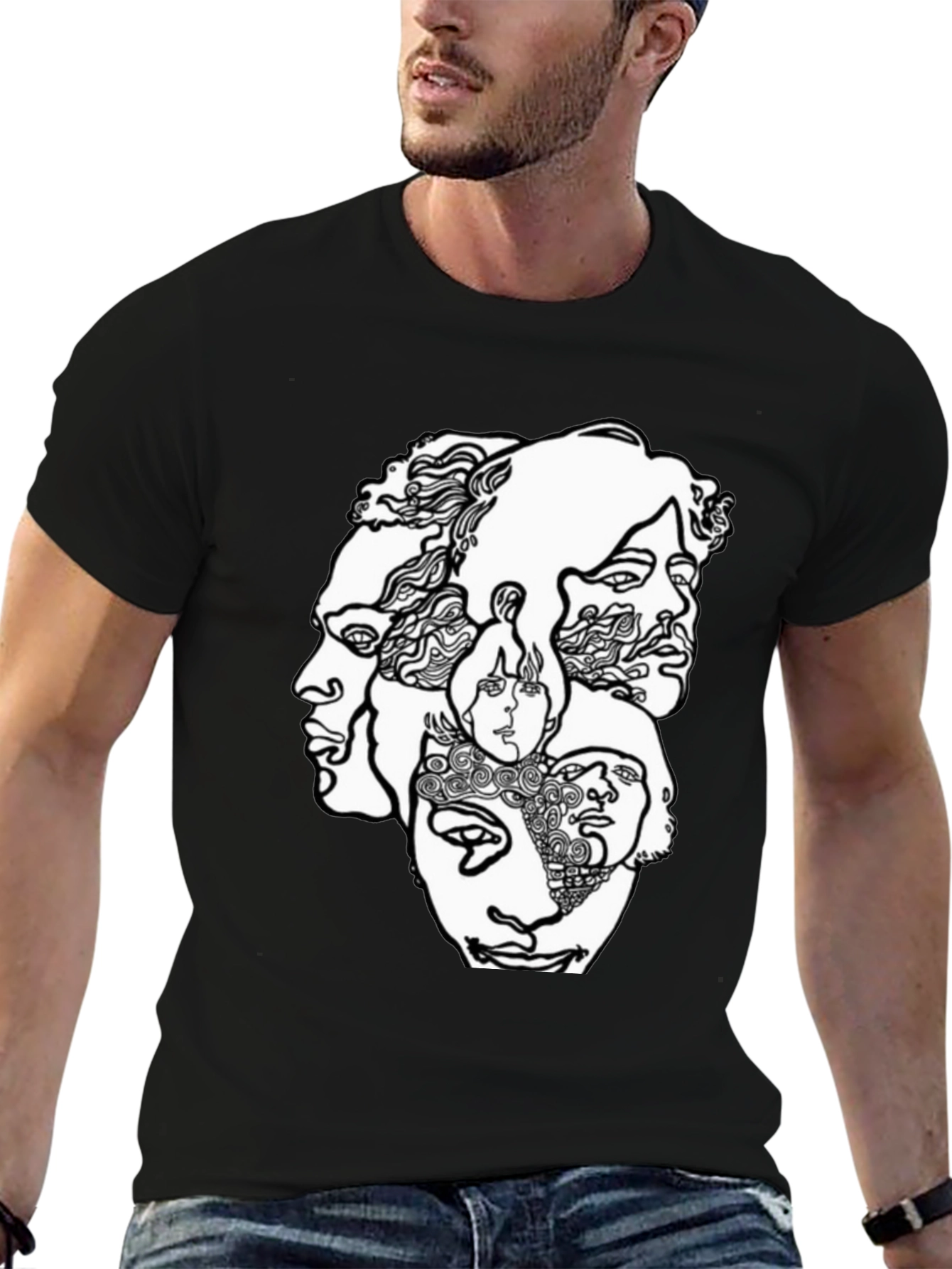 Black Abstract Faces Graphic T-Shirt - Unisex Crew Neck view 6