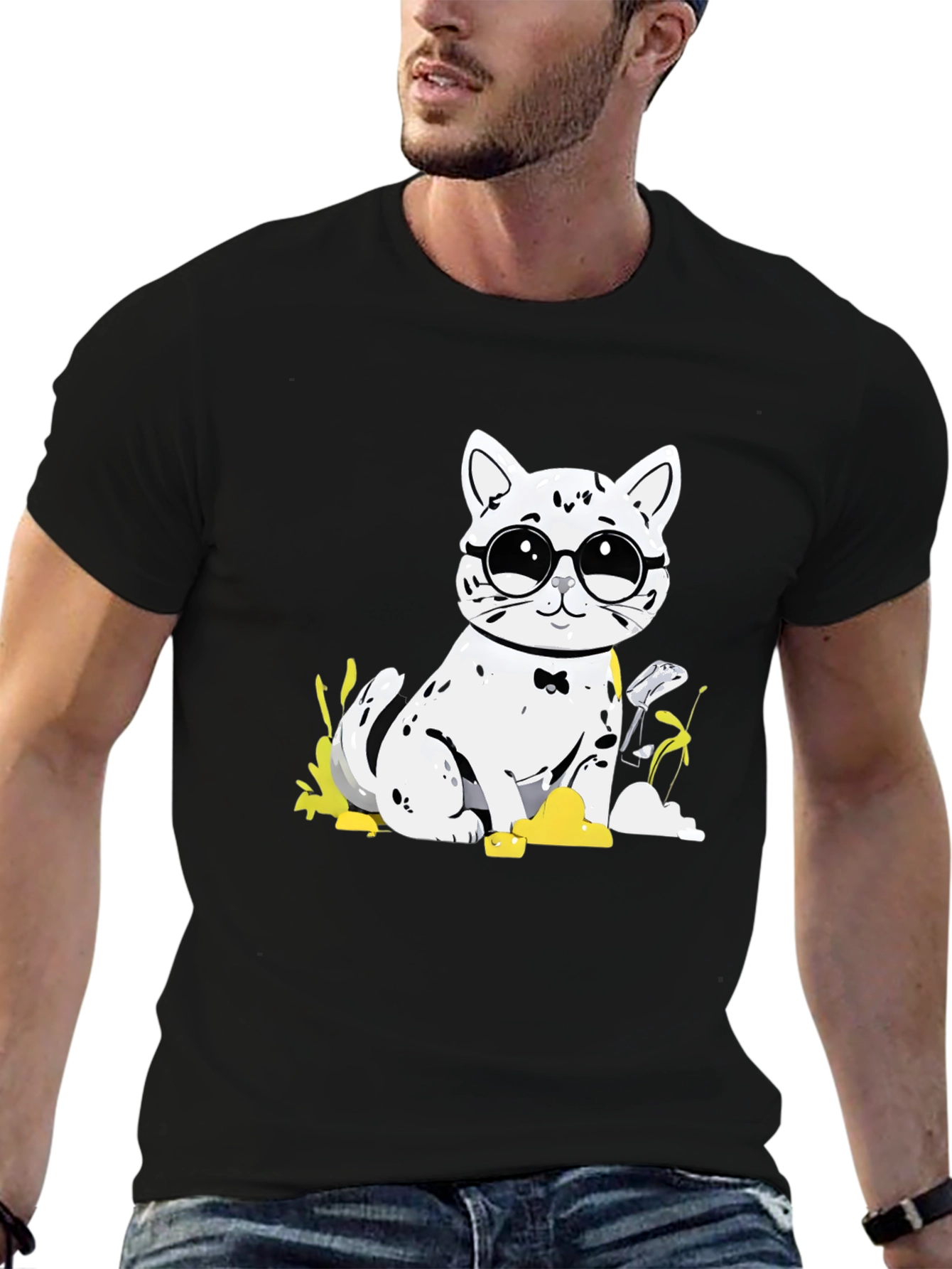 Black Cat with Glasses T-Shirt - Black Cotton Tee view 6