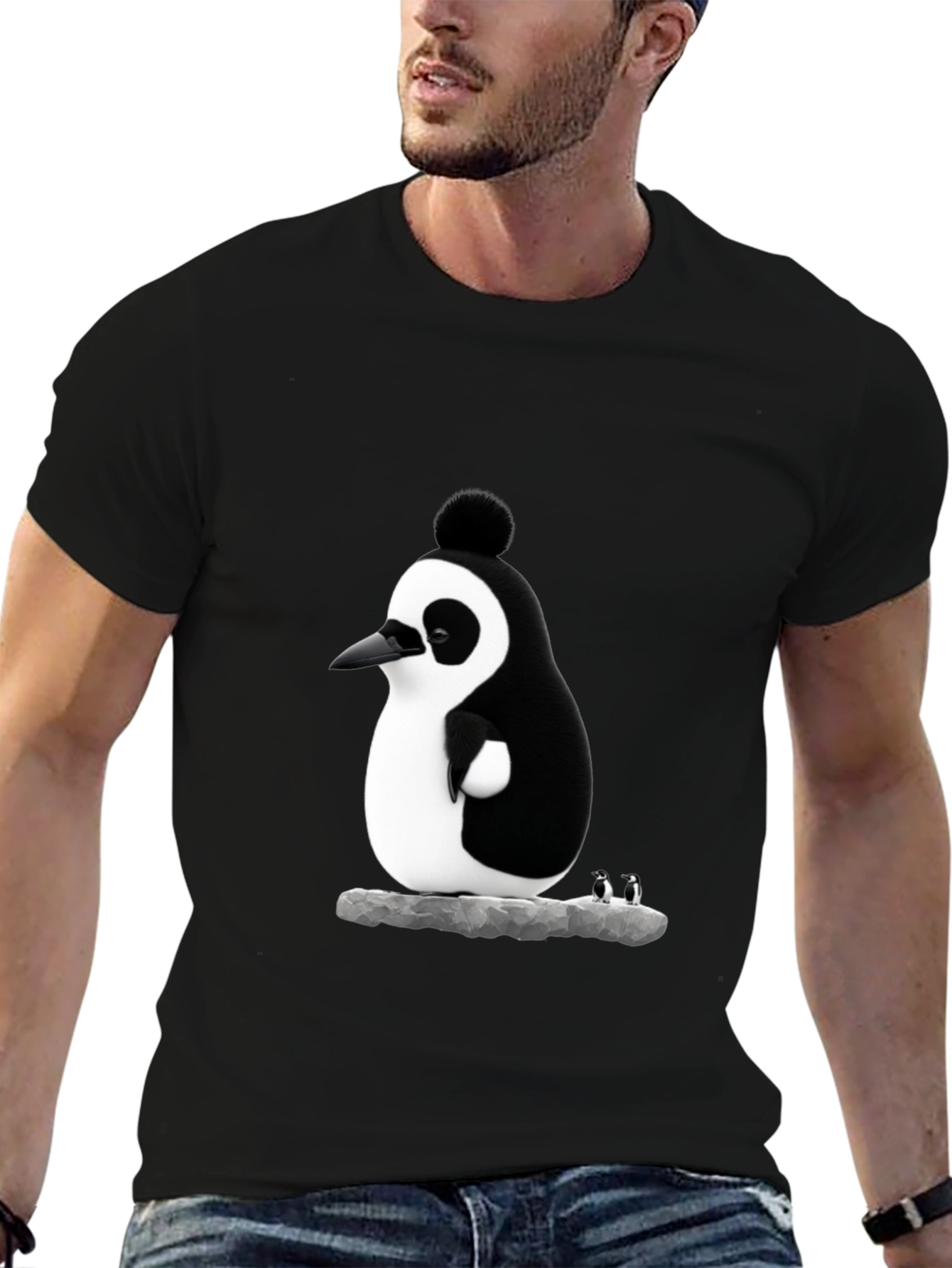 Black Whimsical Penguin Graphic Tee - Black Cotton Blend view 6