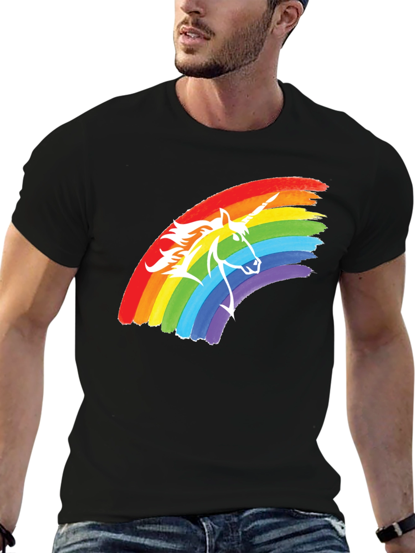 Black Rainbow Unicorn Graphic Tee - Black Cotton T-Shirt view 6