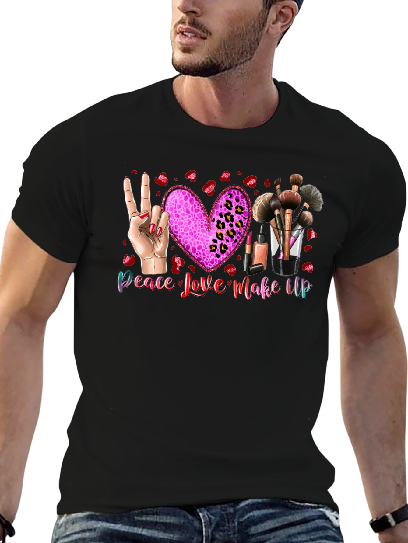 Black Peace Love Makeup T-Shirt, Beauty Graphic Tee view 6