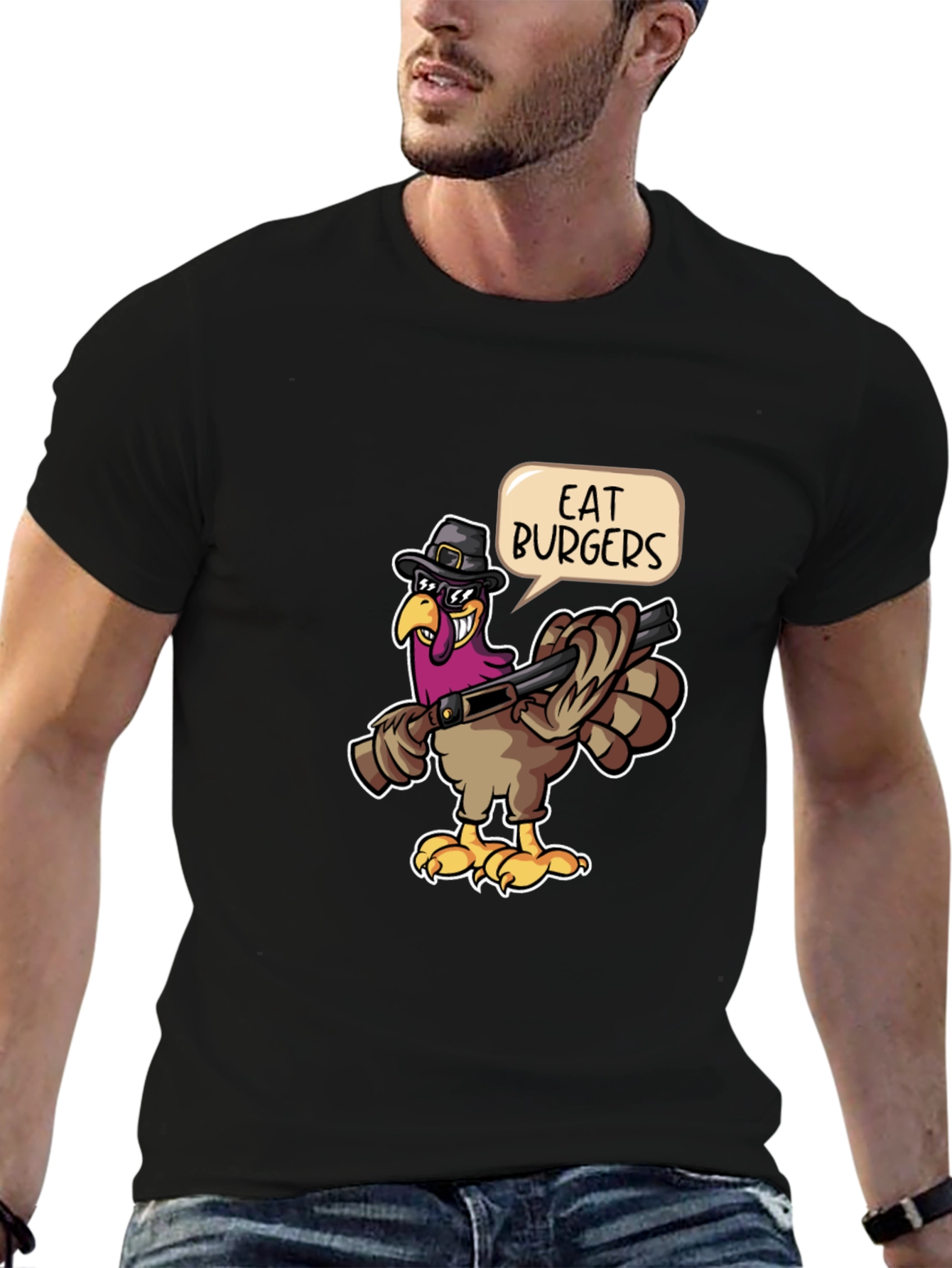 Black Eat Burgers Turkey T-Shirt - Thanksgiving Humor view 6