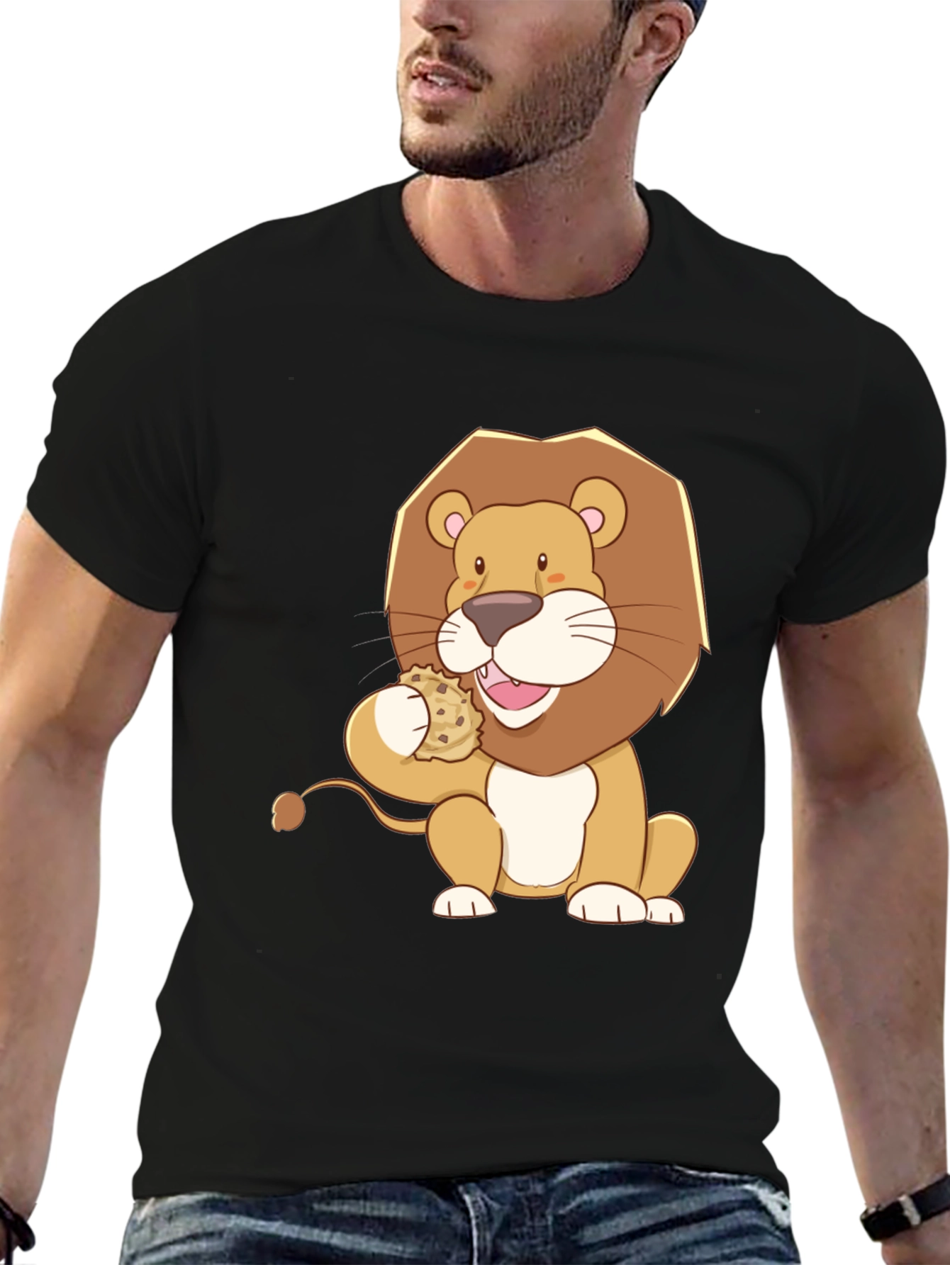 Black Lion Eating Cookie Graphic Tee - Black Cotton Shirt view 6
