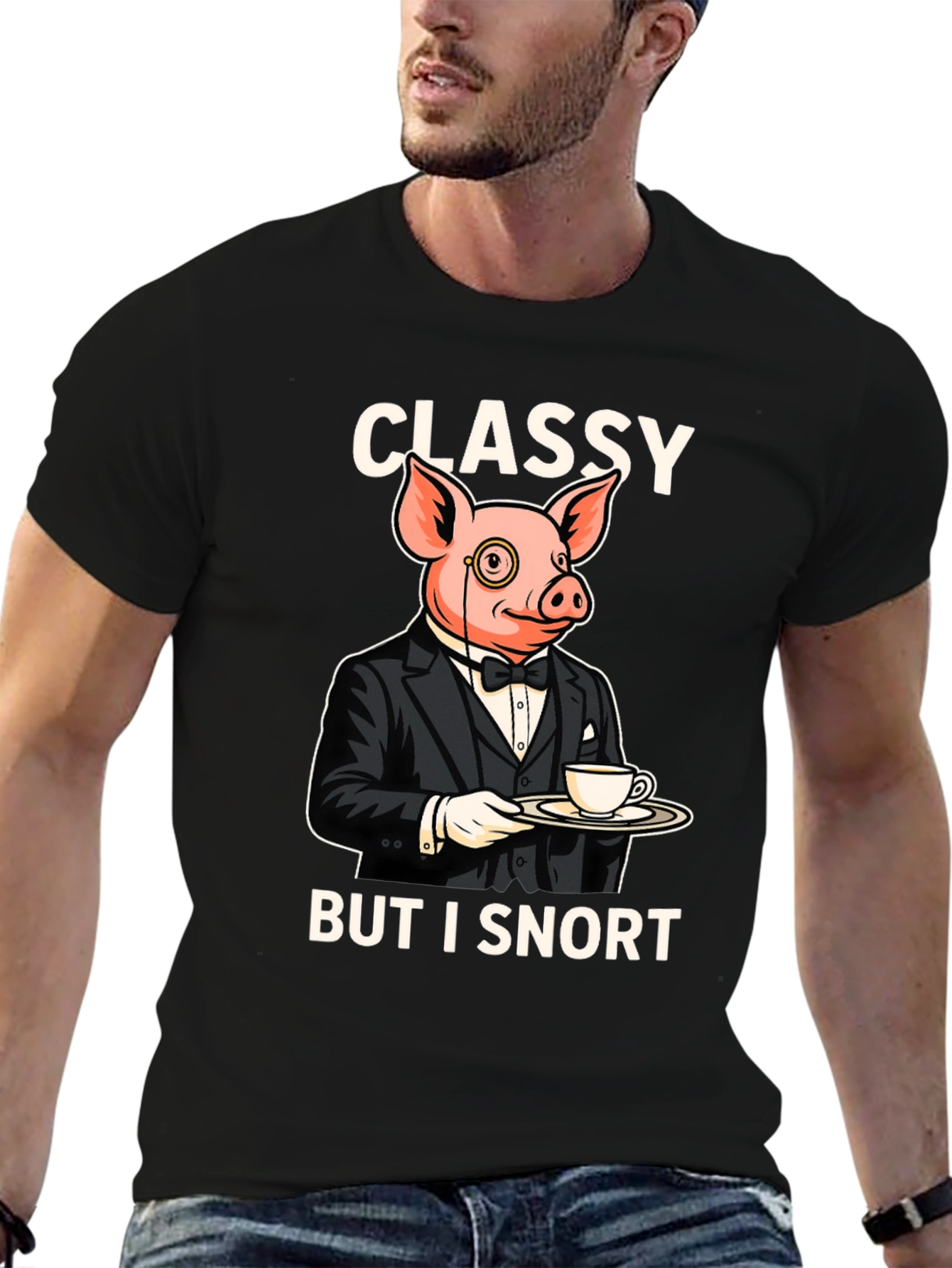 Black Classy But I Snort Pig T-Shirt view 6