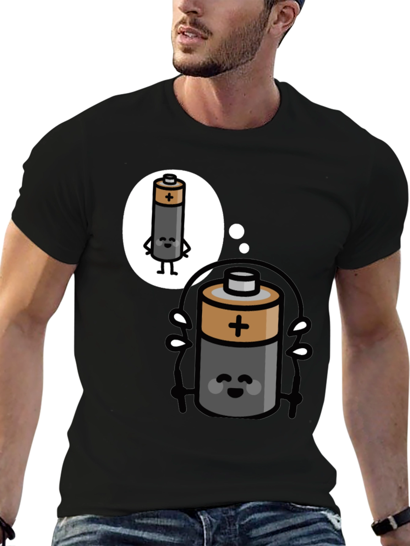 Black Funny Battery Cartoon T-Shirt - Energy Humor Tee view 6