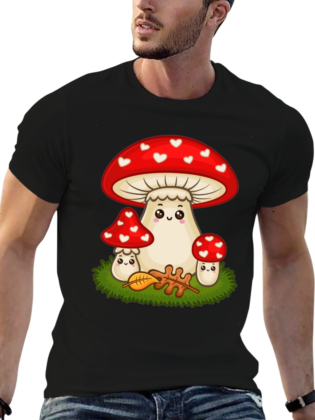 Black Cute Mushroom T-Shirt - Heart Pattern view 6