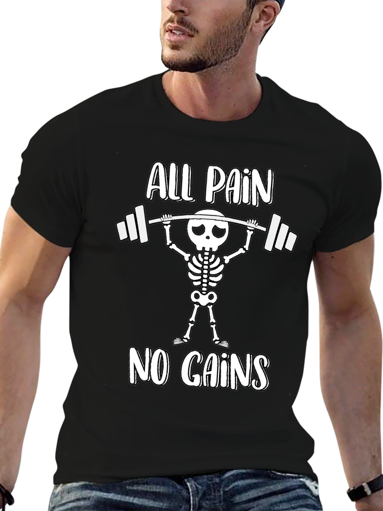Black All Pain No Gains Skeleton Weightlifting T-Shirt view 6