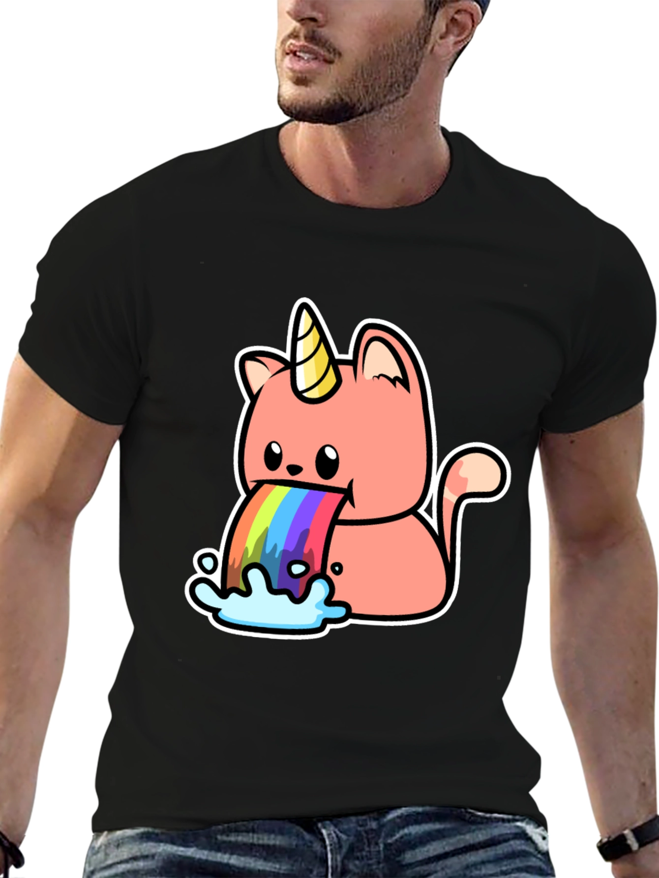 Black Unicorn Cat Rainbow Puke Graphic Tee view 6