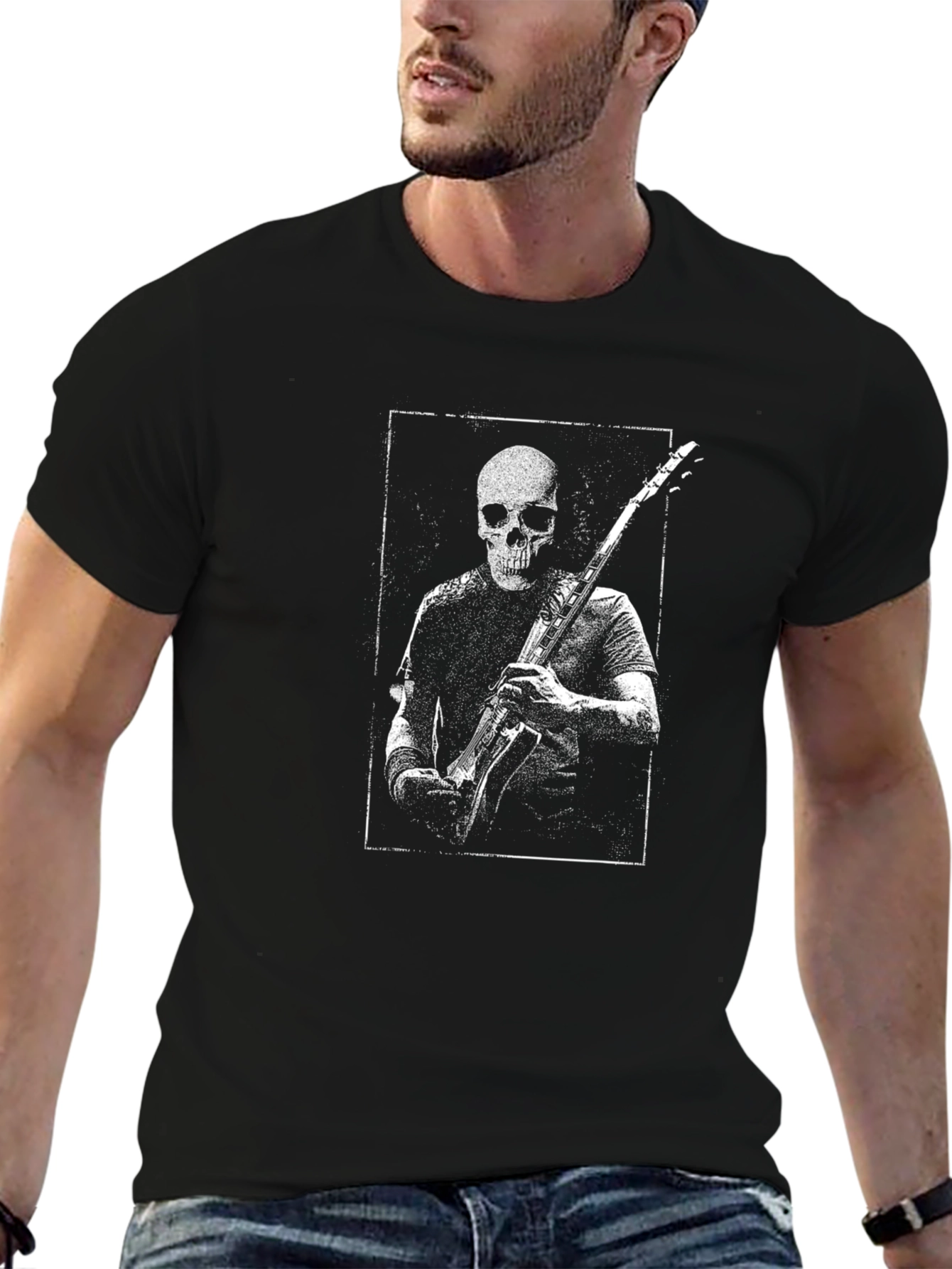 Black Skull Guitarist Graphic Tee - Black Cotton T-Shirt view 6