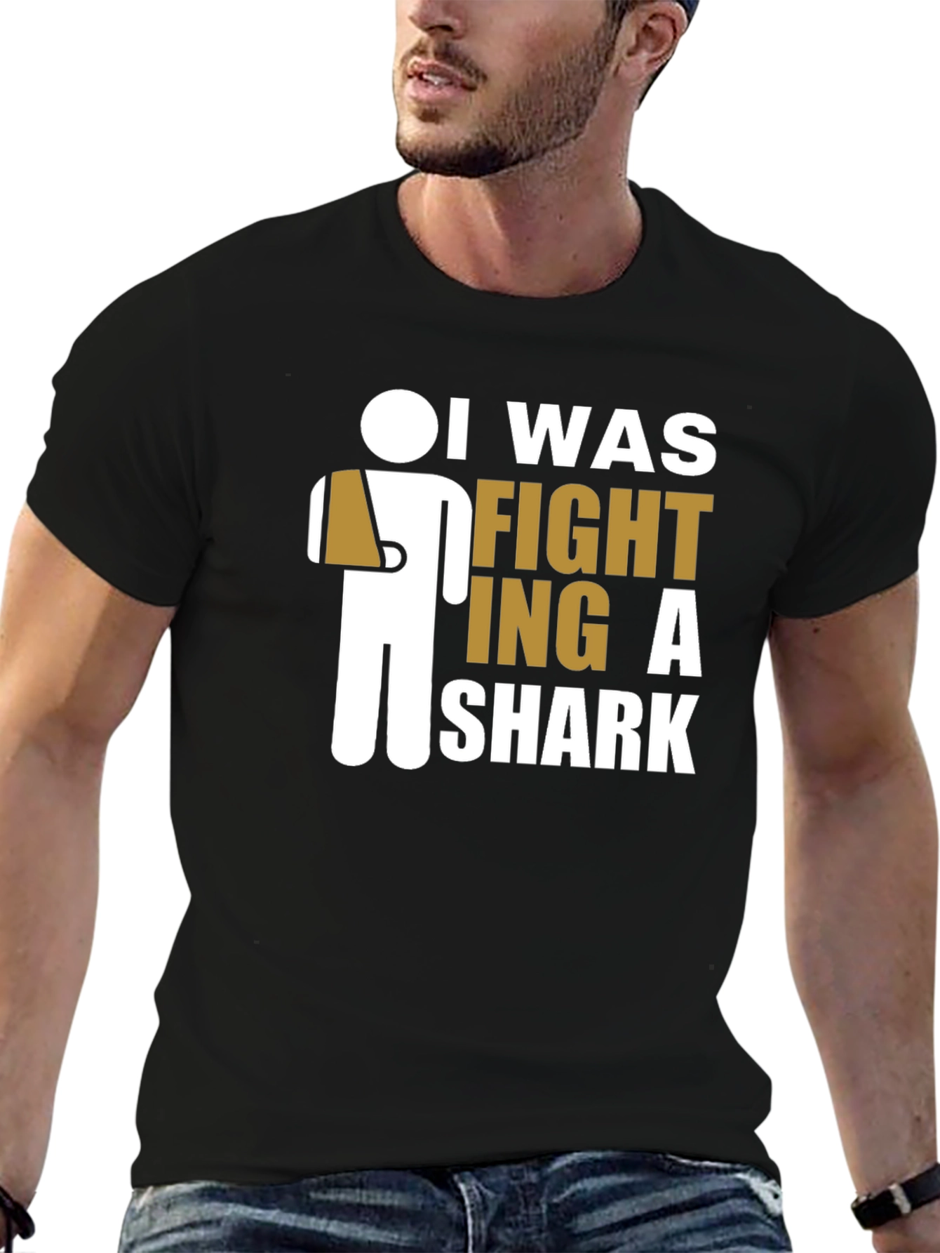 Black I Was Fighting A Shark T-Shirt - Funny Humor Tee view 6