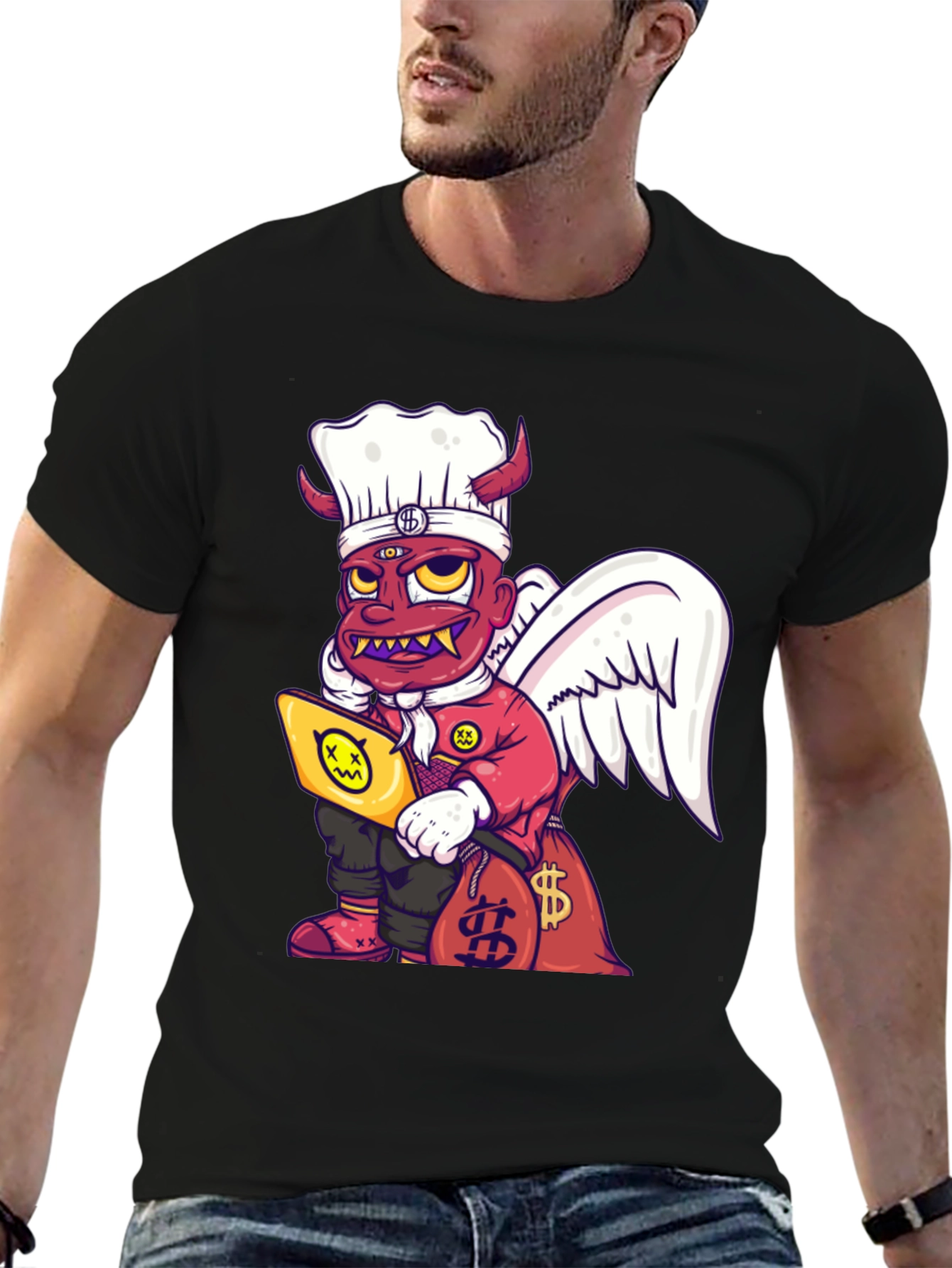 Cartoon Angel & Devil Chef Graphic T-Shirt - 6