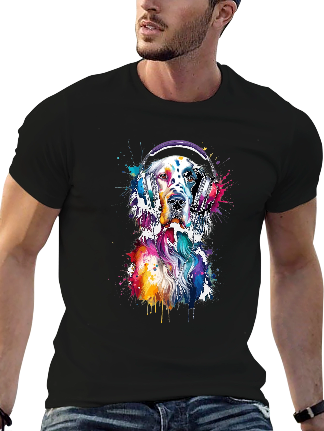 Black Dog with Headphones Graphic Tee - Trendy Design view 6