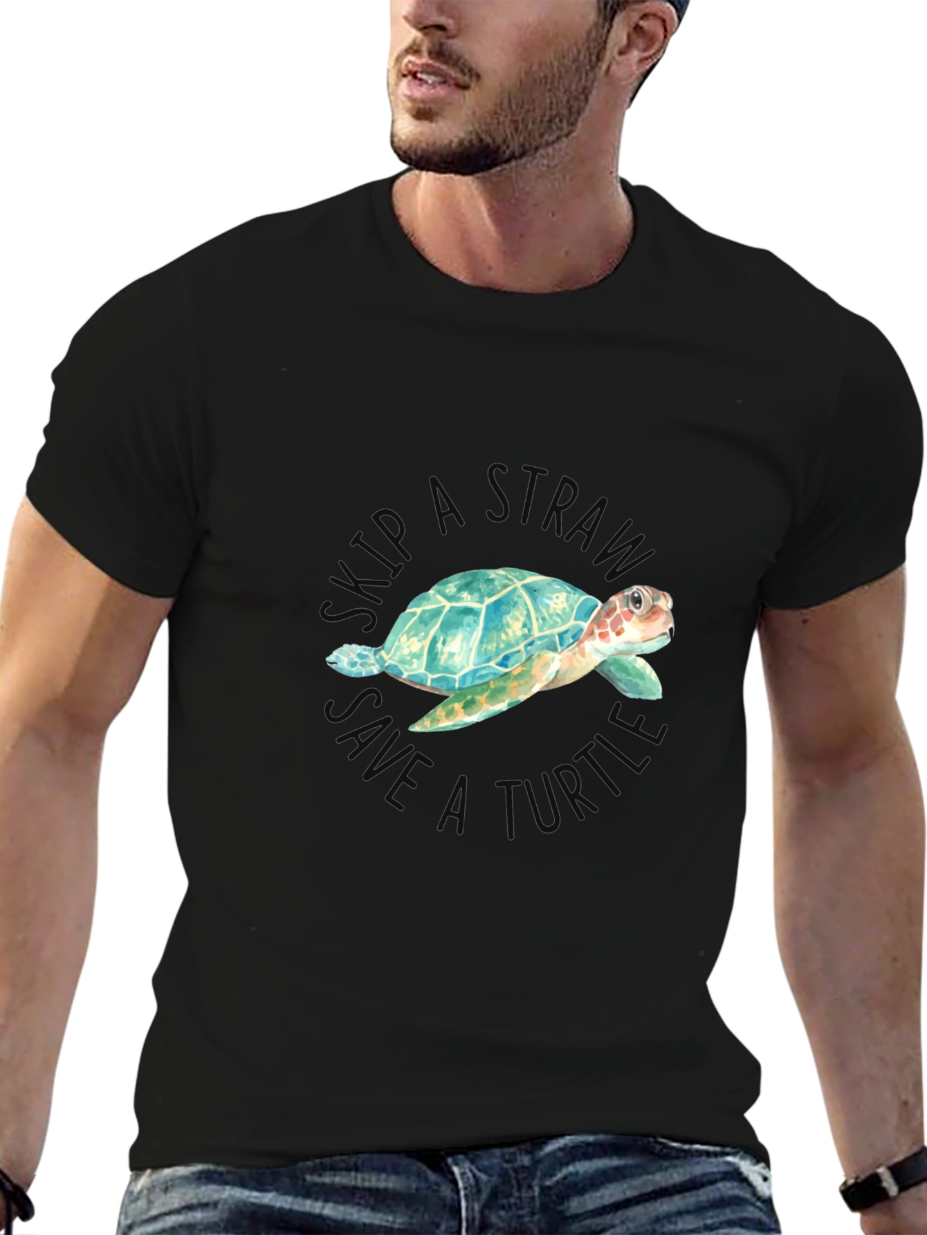 Black Skip a Straw Save a Turtle T-Shirt view 6