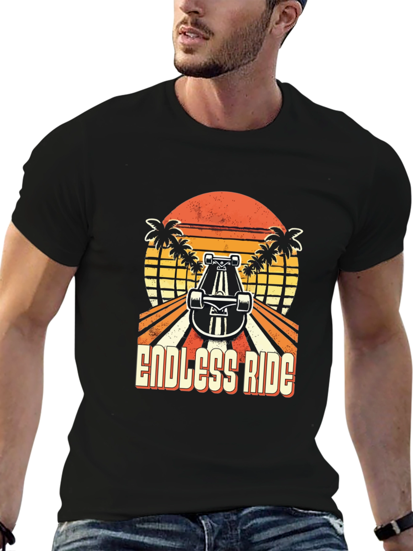 Black Endless Ride Skateboard T-Shirt Retro Sunset Palm Tree view 6