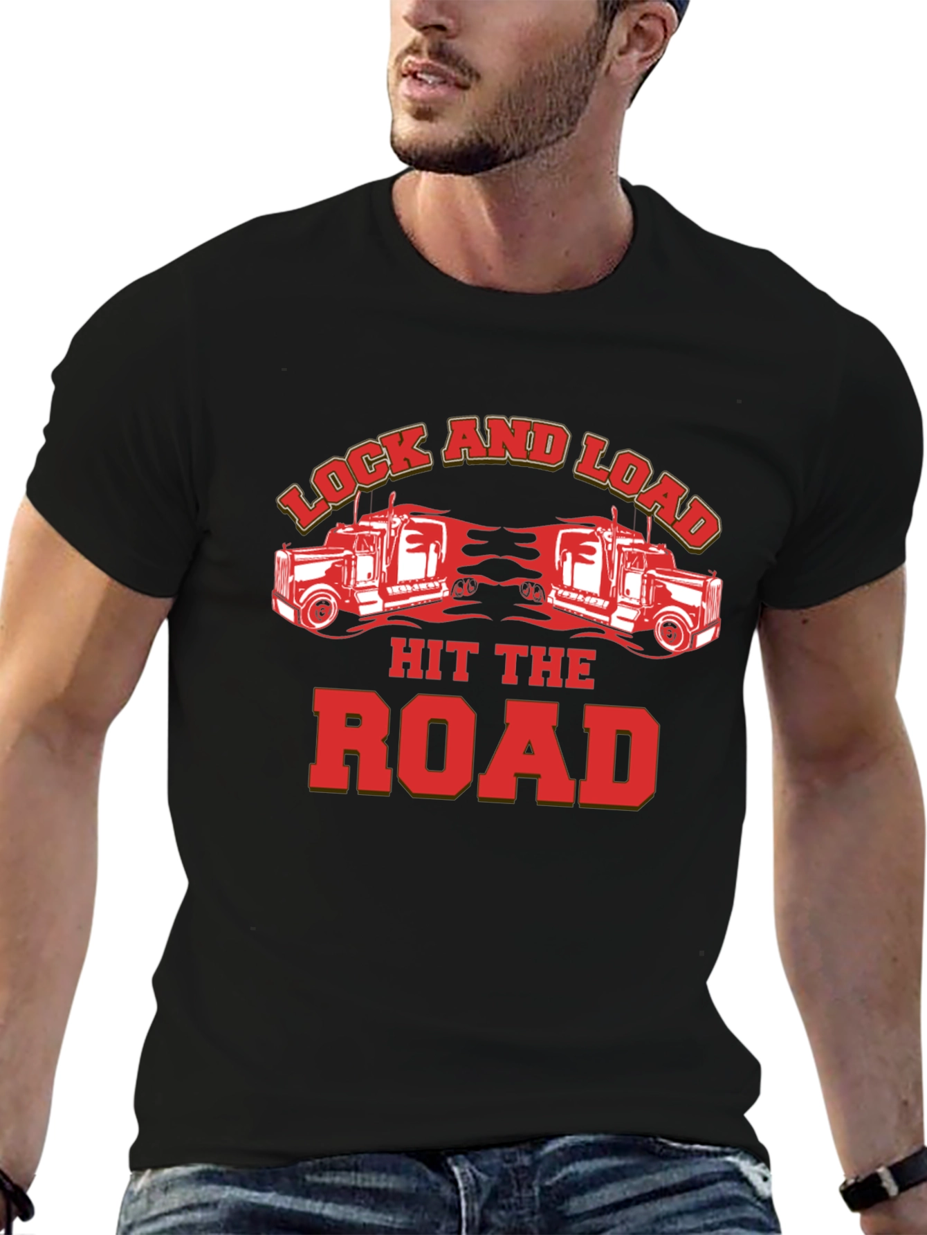 Black Lock and Load Hit The Road Trucker T-Shirt view 6