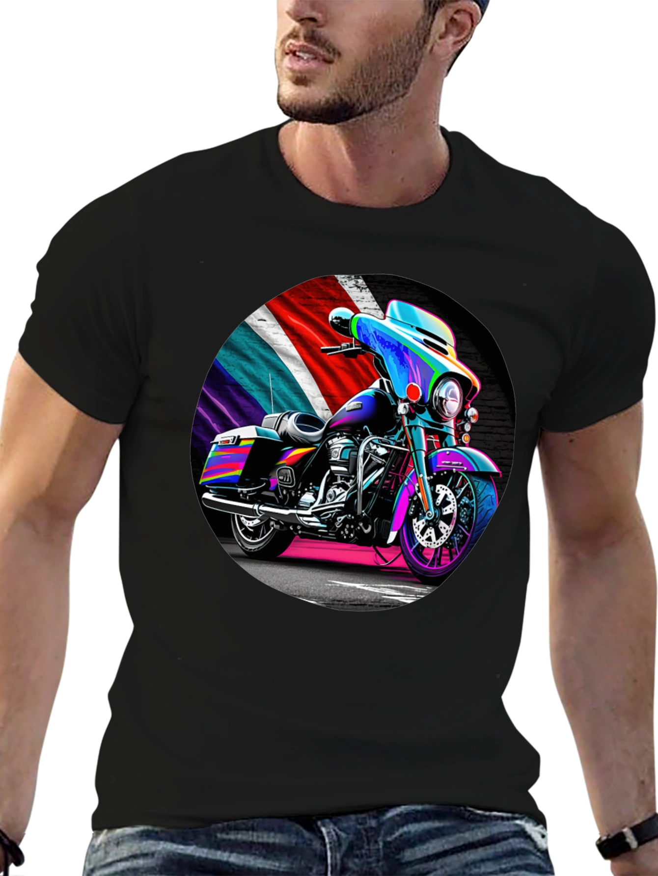 Black Motorcycle T-Shirt - Colorful Bike Design view 6