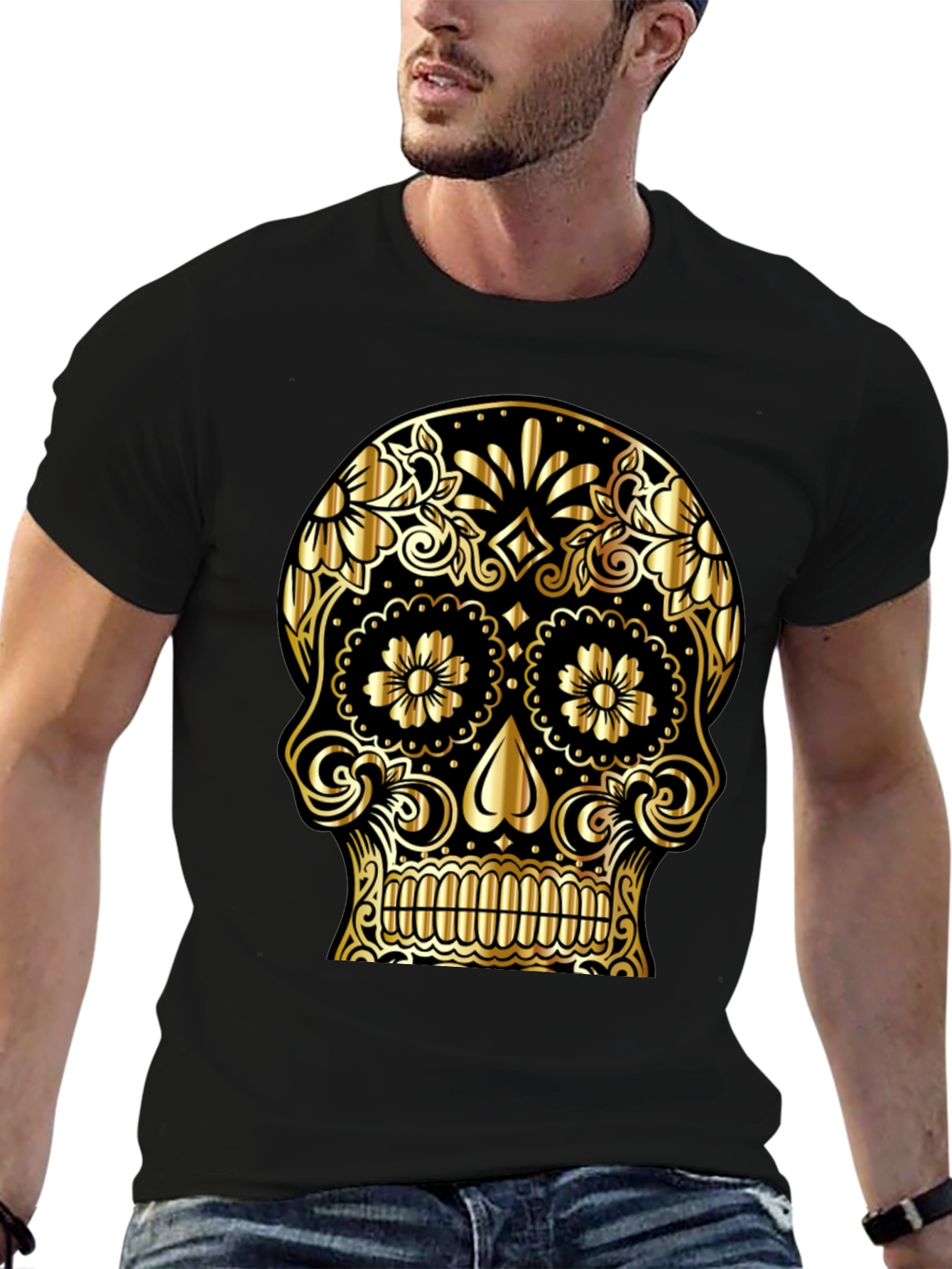 Black Gold Sugar Skull Graphic Black T-Shirt view 6